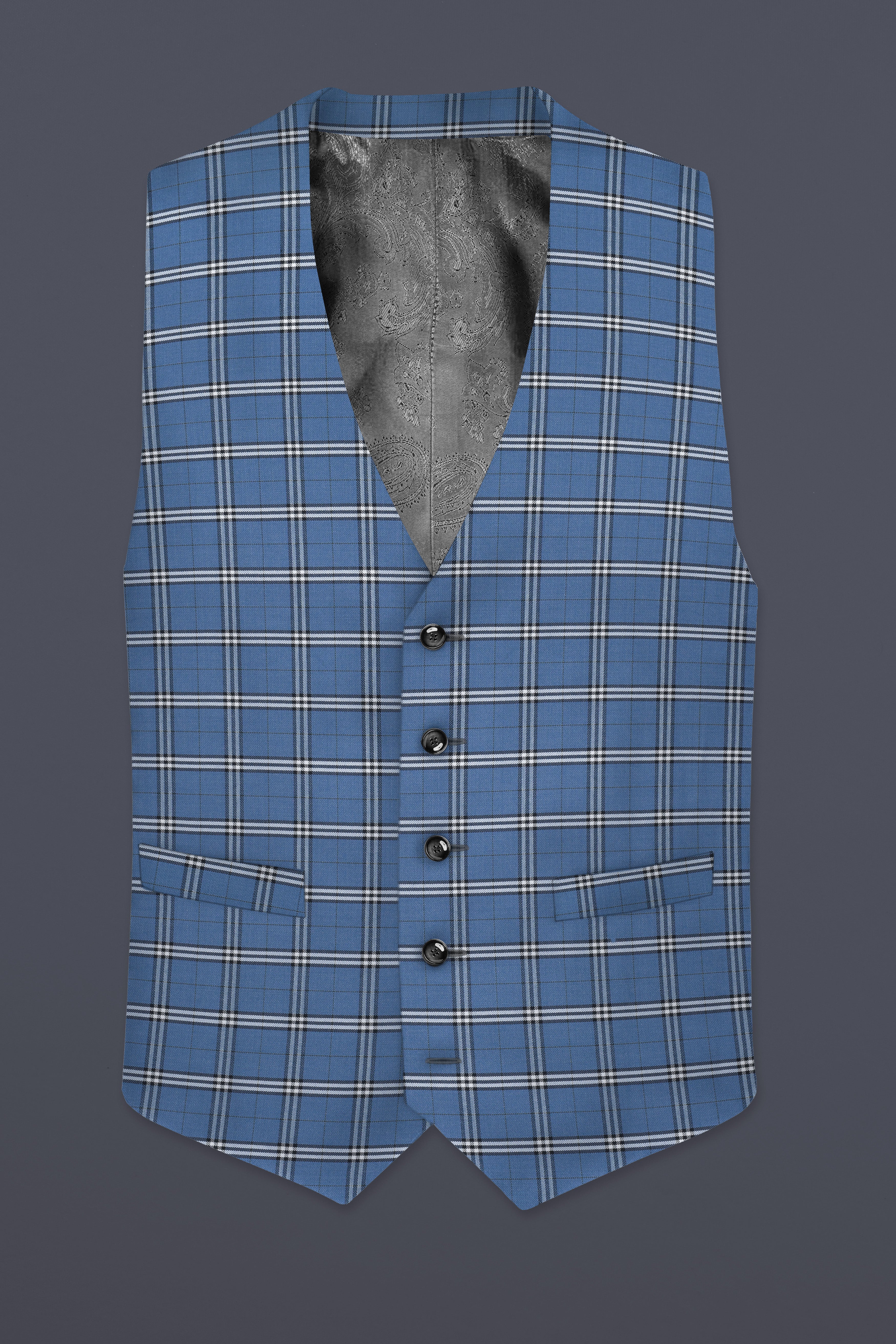 Metalic Blue Plaid Wool Blend Waistcoat