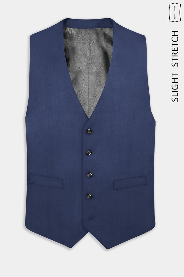 Sapphire-Glaucous Blue Solid Wool Rich Slight Stretch Waistcoat