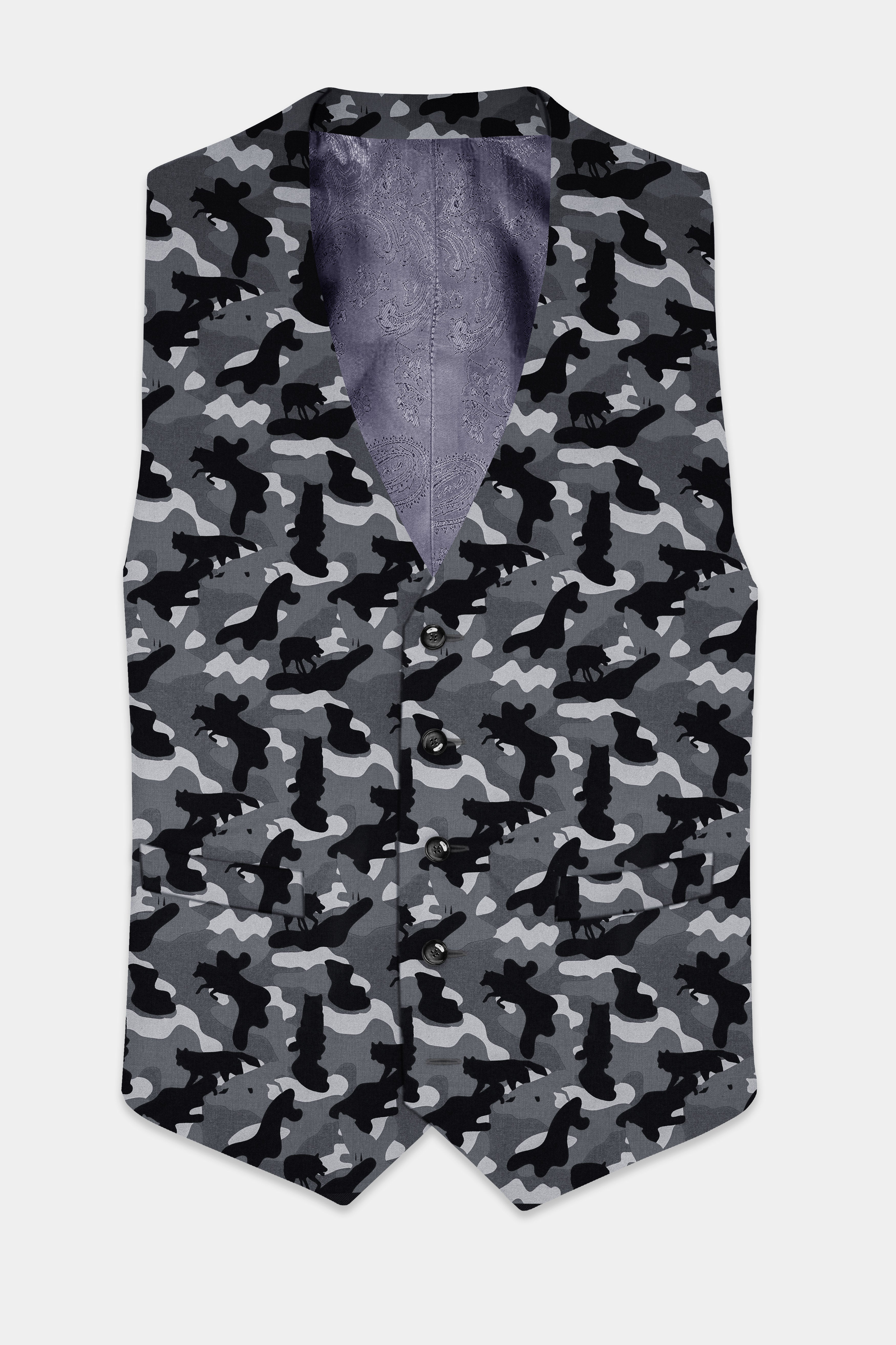 Carbon Gray And Cinder Black Camouflage Printed Cotton Waistcoat