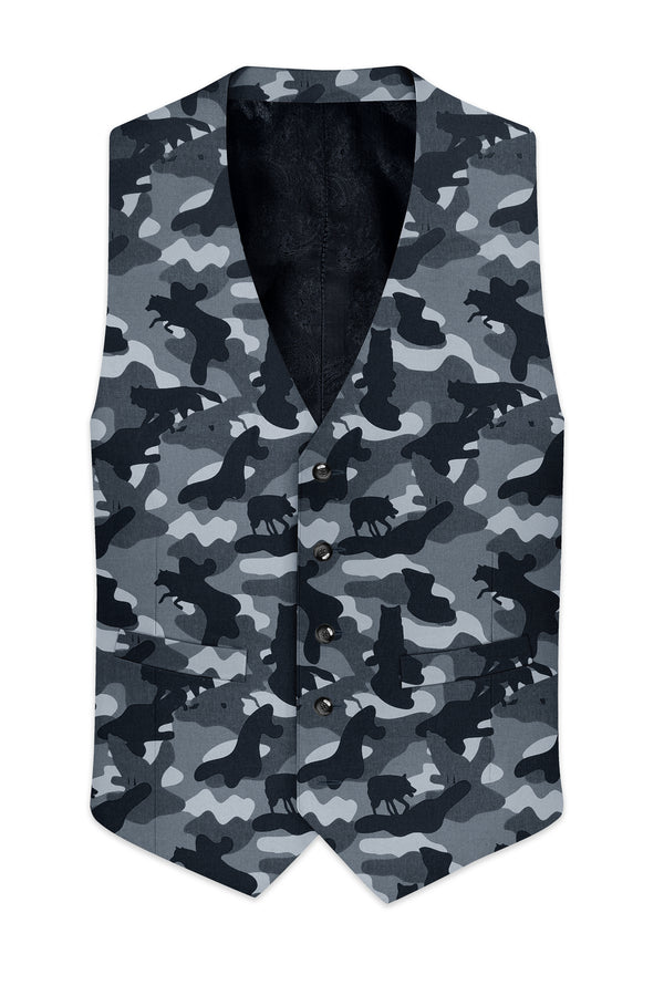 Carbon Gray And Cinder Black Camouflage Printed Cotton Waistcoat