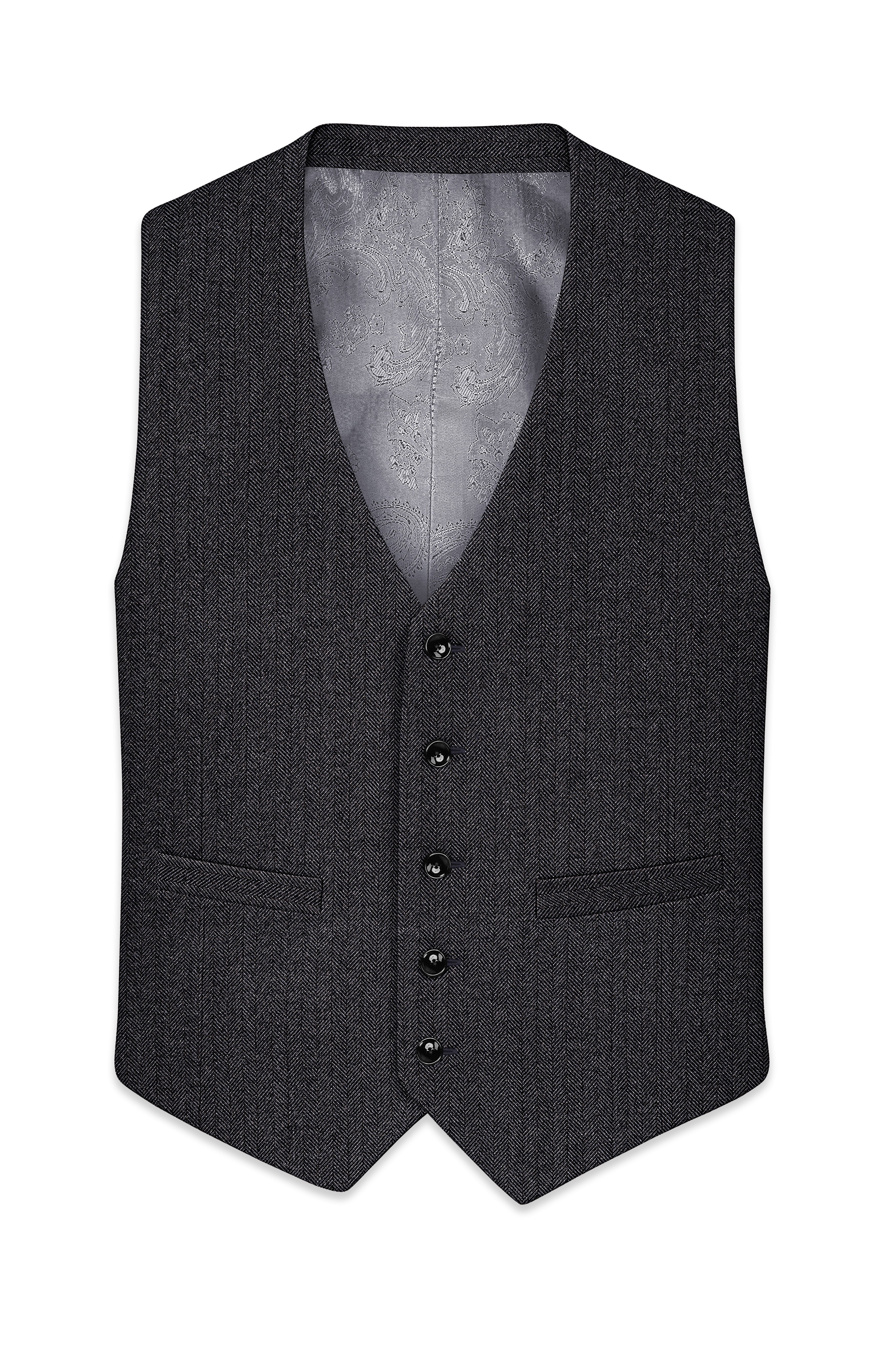 Imperion-Charcoal Gray Herringbone Textured Tweed Waistcoat