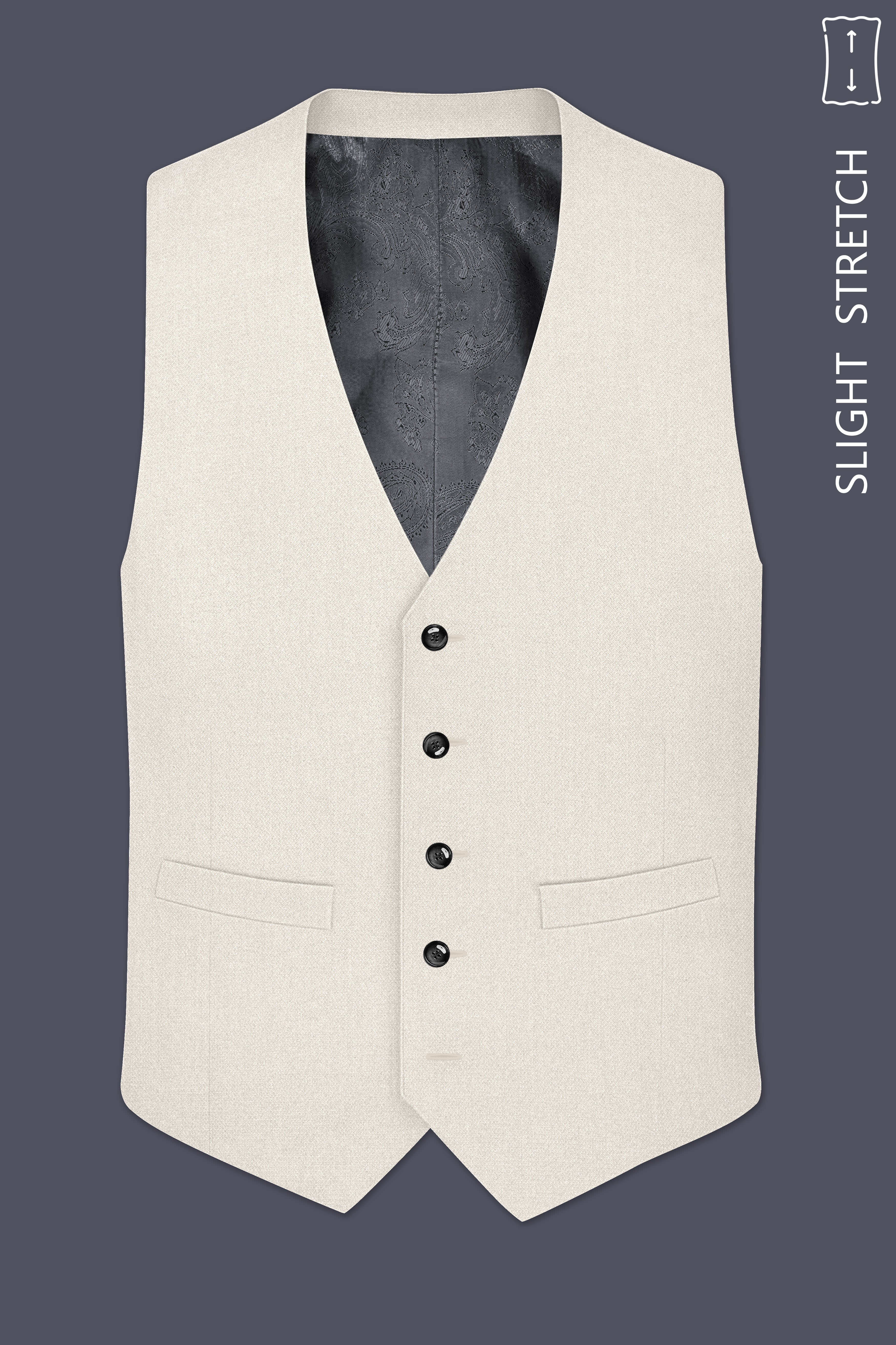 Ecru-Merino Off White Diamond Textured Wool Rich Slight Stretch Waistcoat