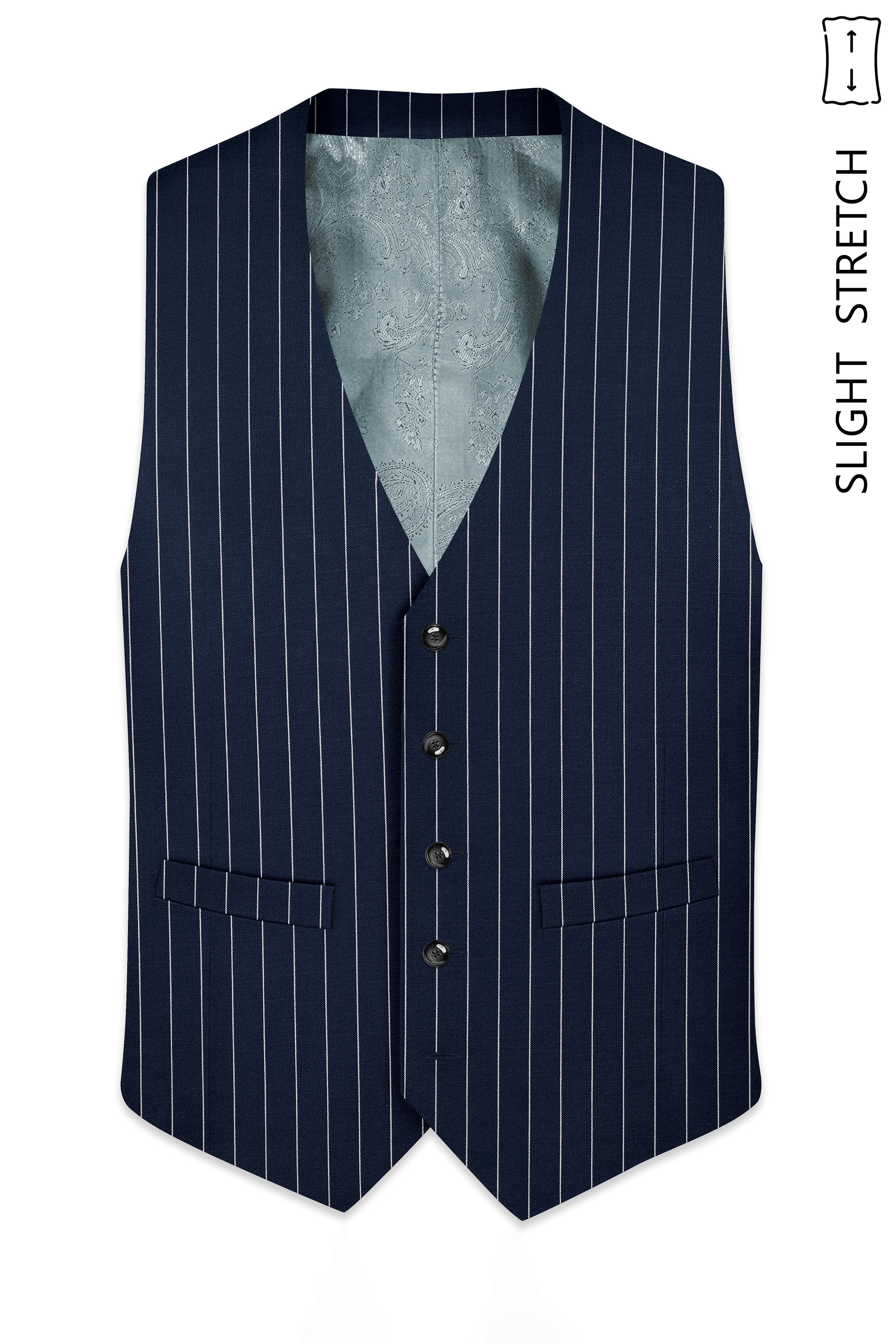 Azureon-Firefly Blue And Bright White Chalk Striped Wool Rich Slight Stretch Waistcoat