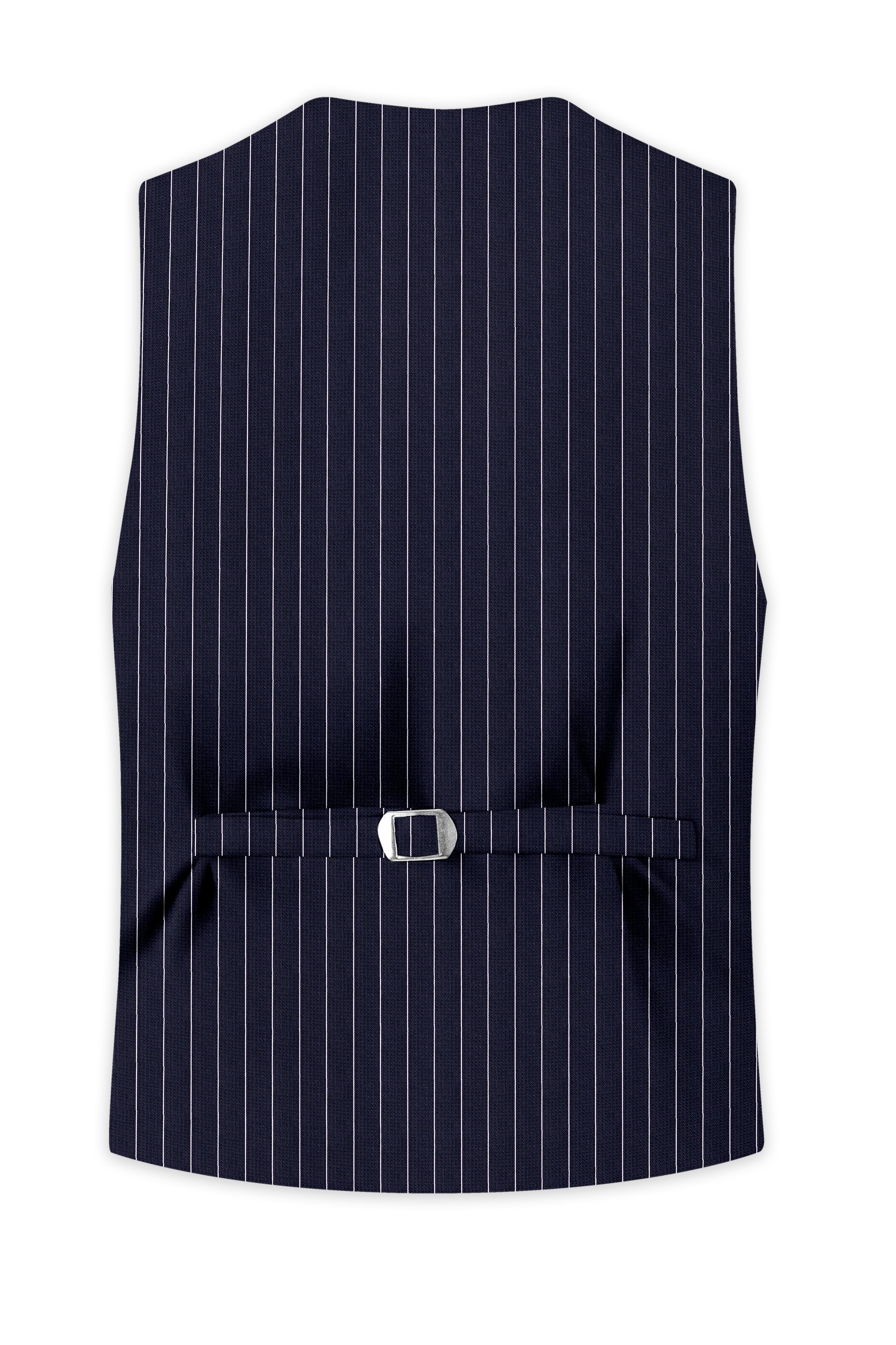 Regent-Ebony Blue And Bright White Chalk Striped Wool Rich Slight Stretch Waistcoat