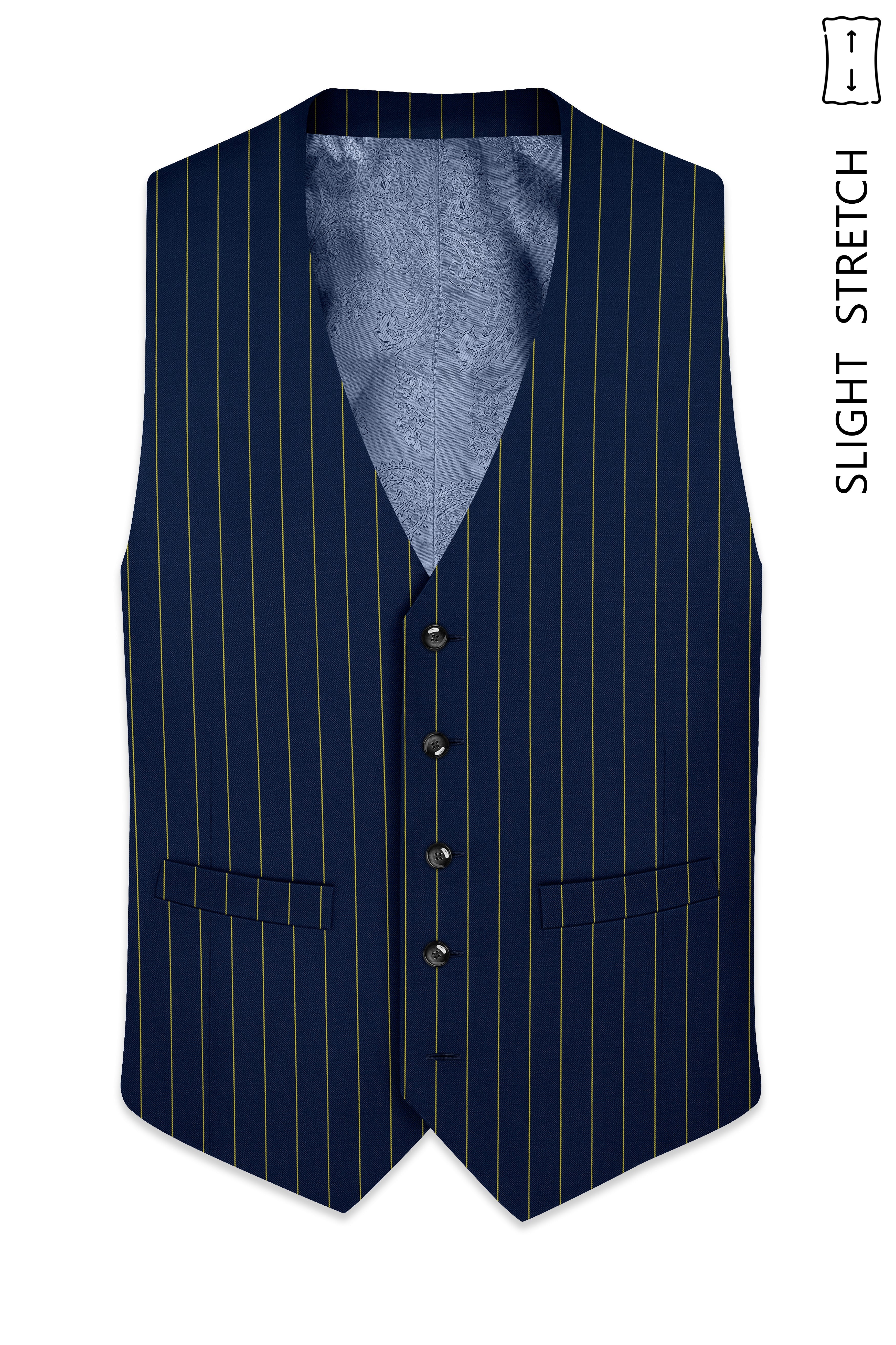 Aurum-Midnight Blue And Harvest Yellow Chalk Striped Wool Rich Slight Stretch Waistcoat