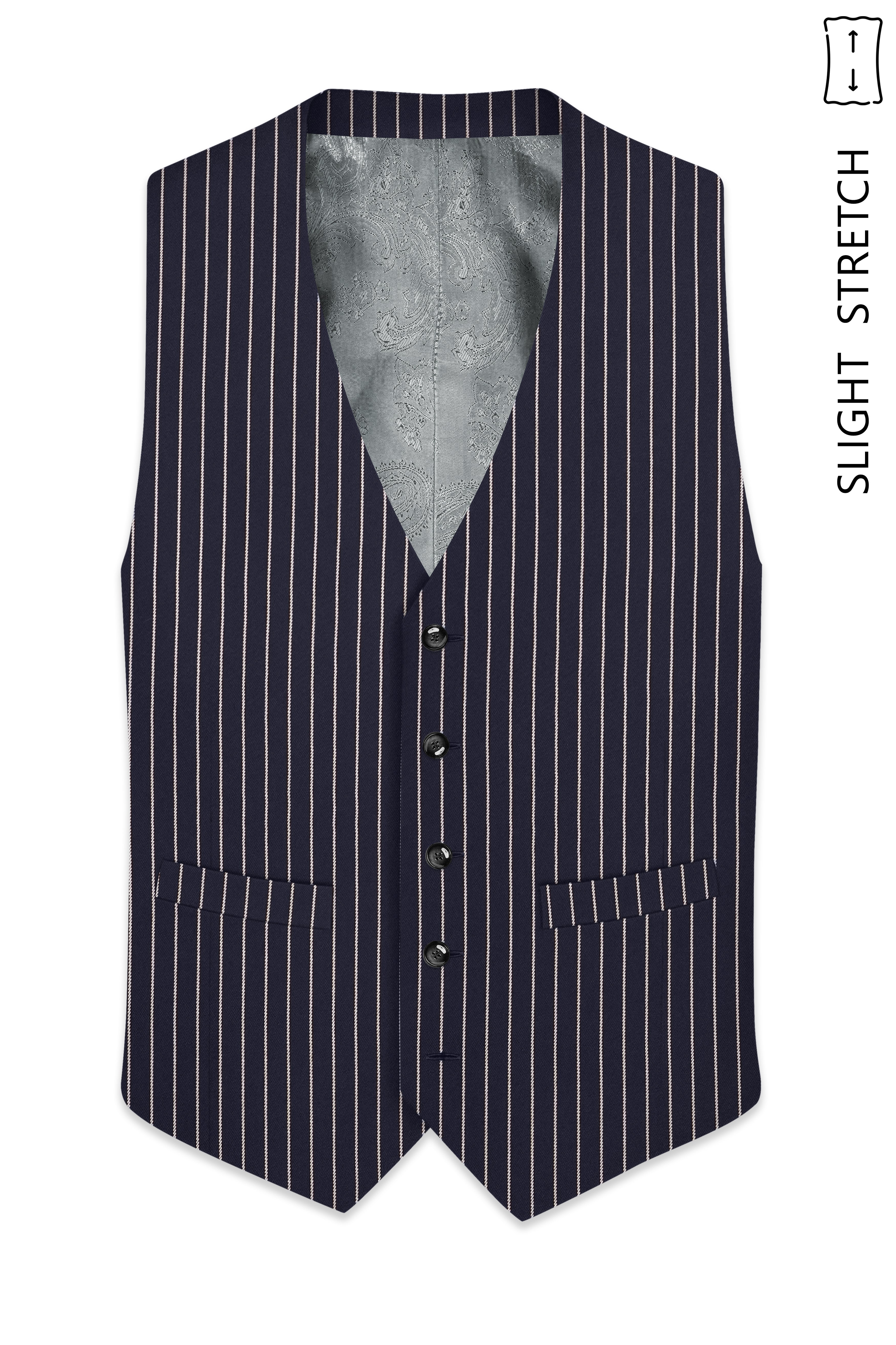 Maris-Baltic Sea Blue And Bright White Chalk Striped Wool Rich Slight Stretch Waistcoat