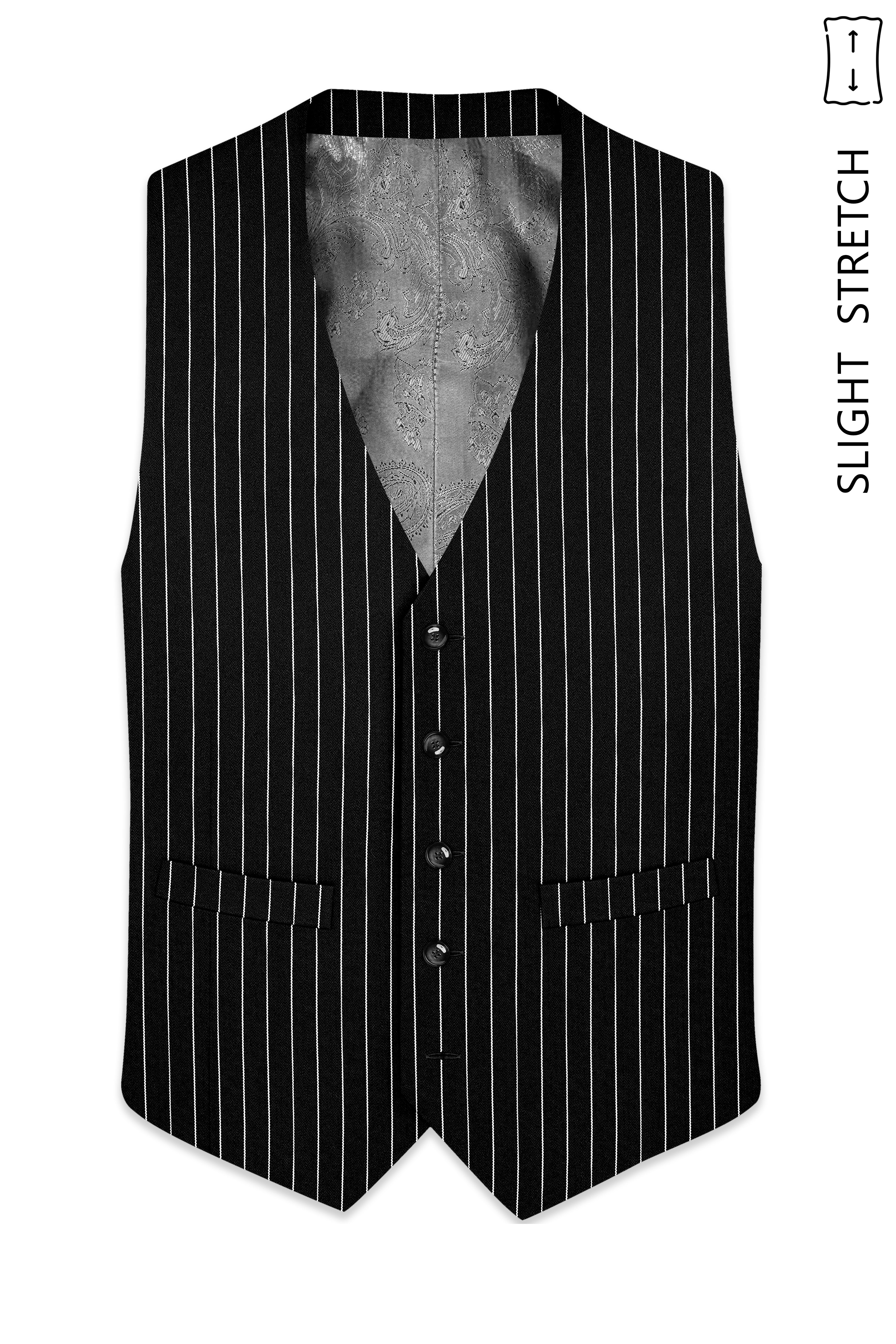 Noir-Jade Black Herringbone Striped Wool Rich Slight Stretch Waistcoat
