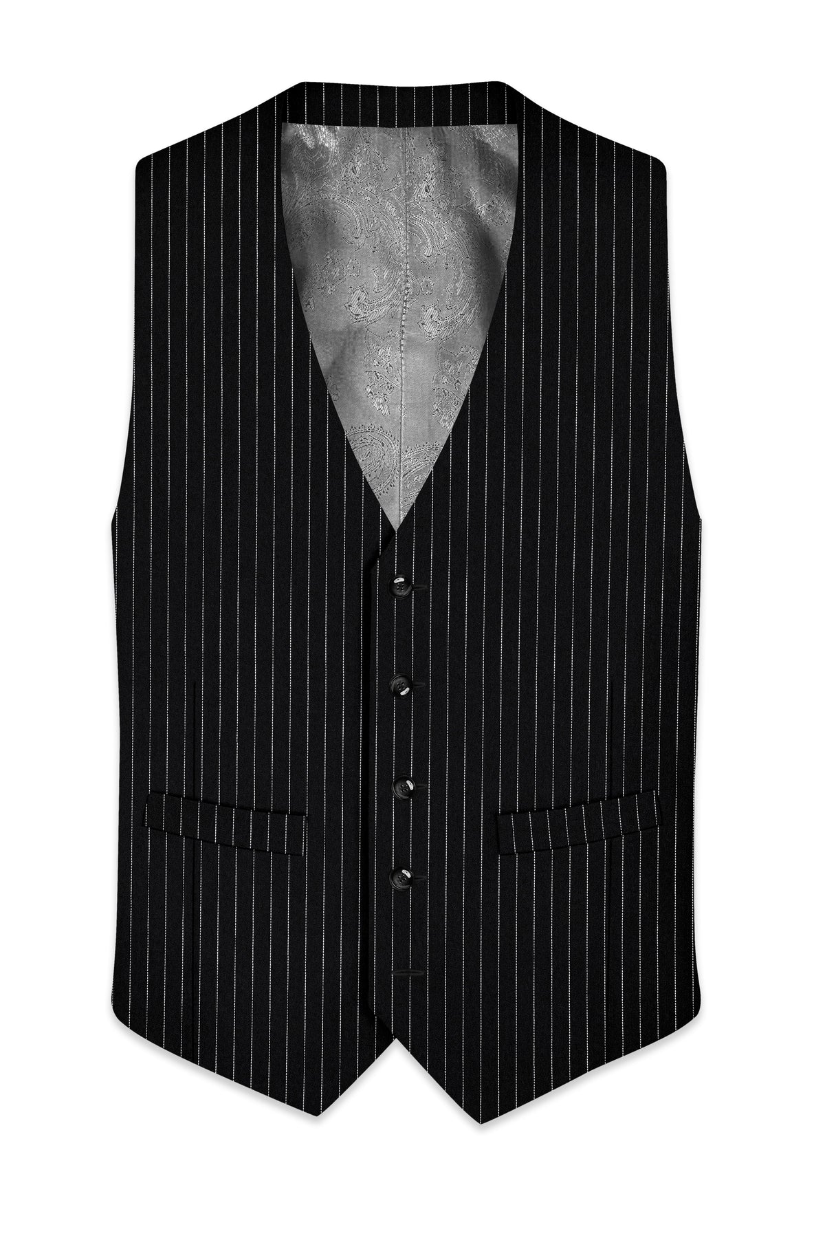 Gravitas-Jade Black And Bright White Chalk Striped Wool Rich Wrinkle-Free Fluid Drape Fabric Waistcoat