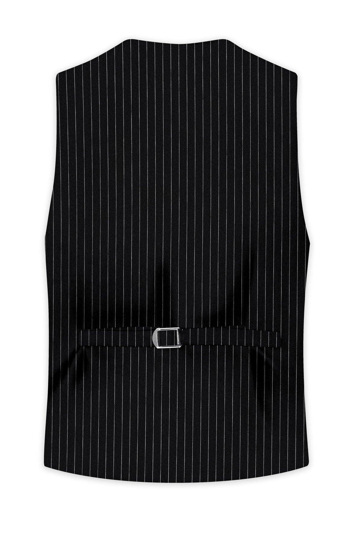 Gravitas-Jade Black And Bright White Chalk Striped Wool Rich Wrinkle-Free Fluid Drape Fabric Waistcoat