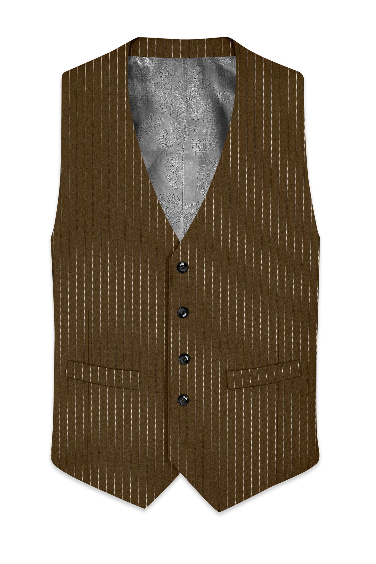 Sable-Antique Brown Chalk Striped Wool Rich Wrinkle-Free Fluid Drape Fabric Waistcoat