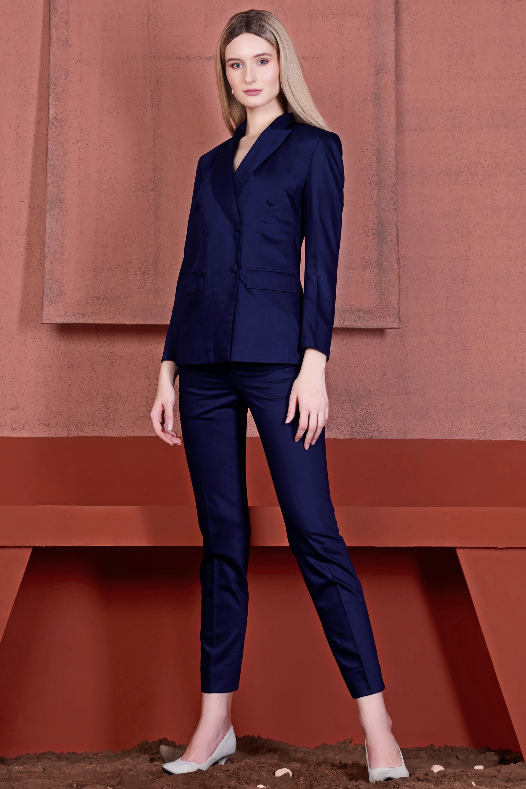 Space Blue Subtle Sheen Double Breasted Women's Blazer