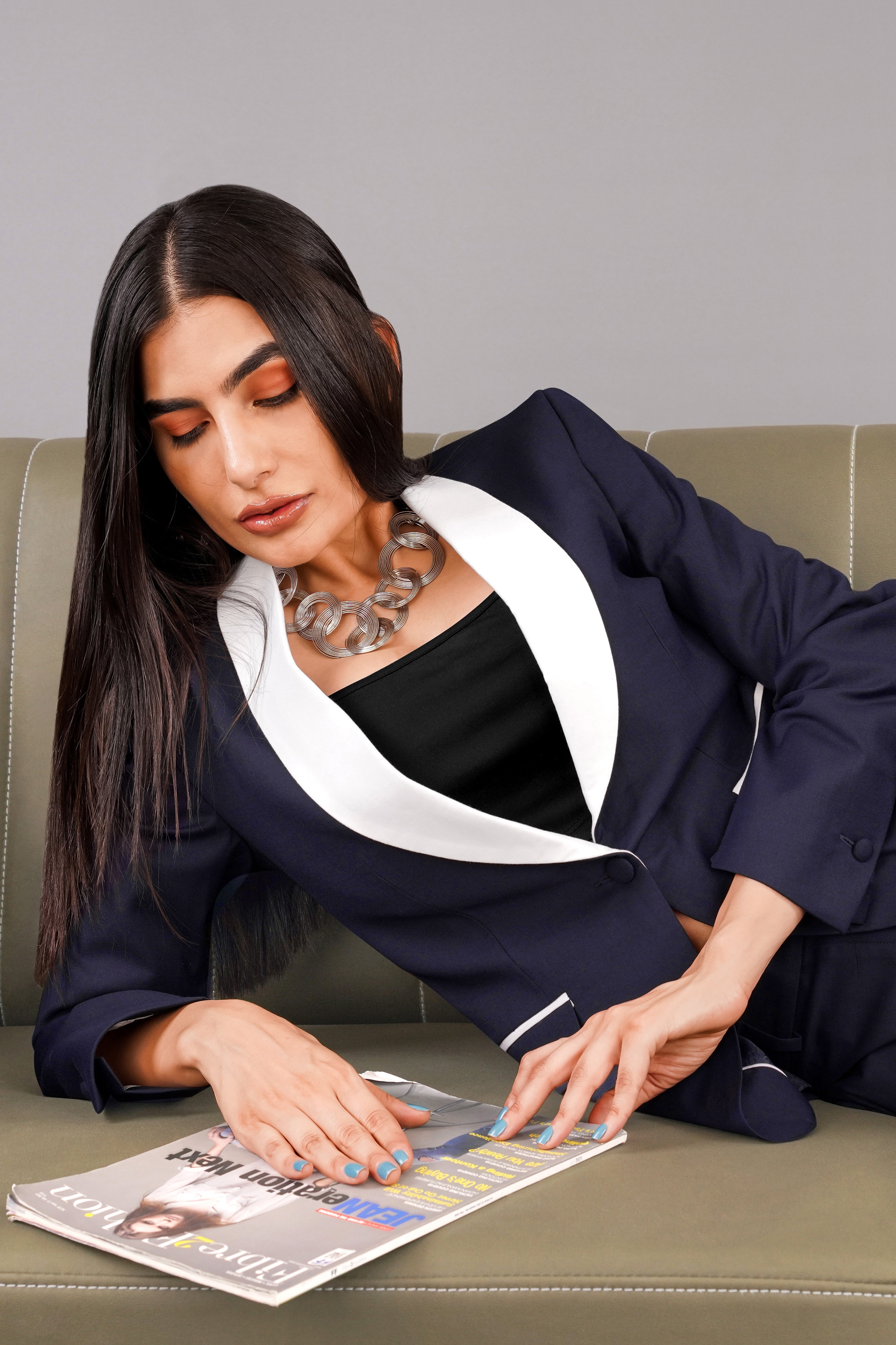 Charade Blue Subtle Sheen with White Lapel Single Breasted Women's Blazer