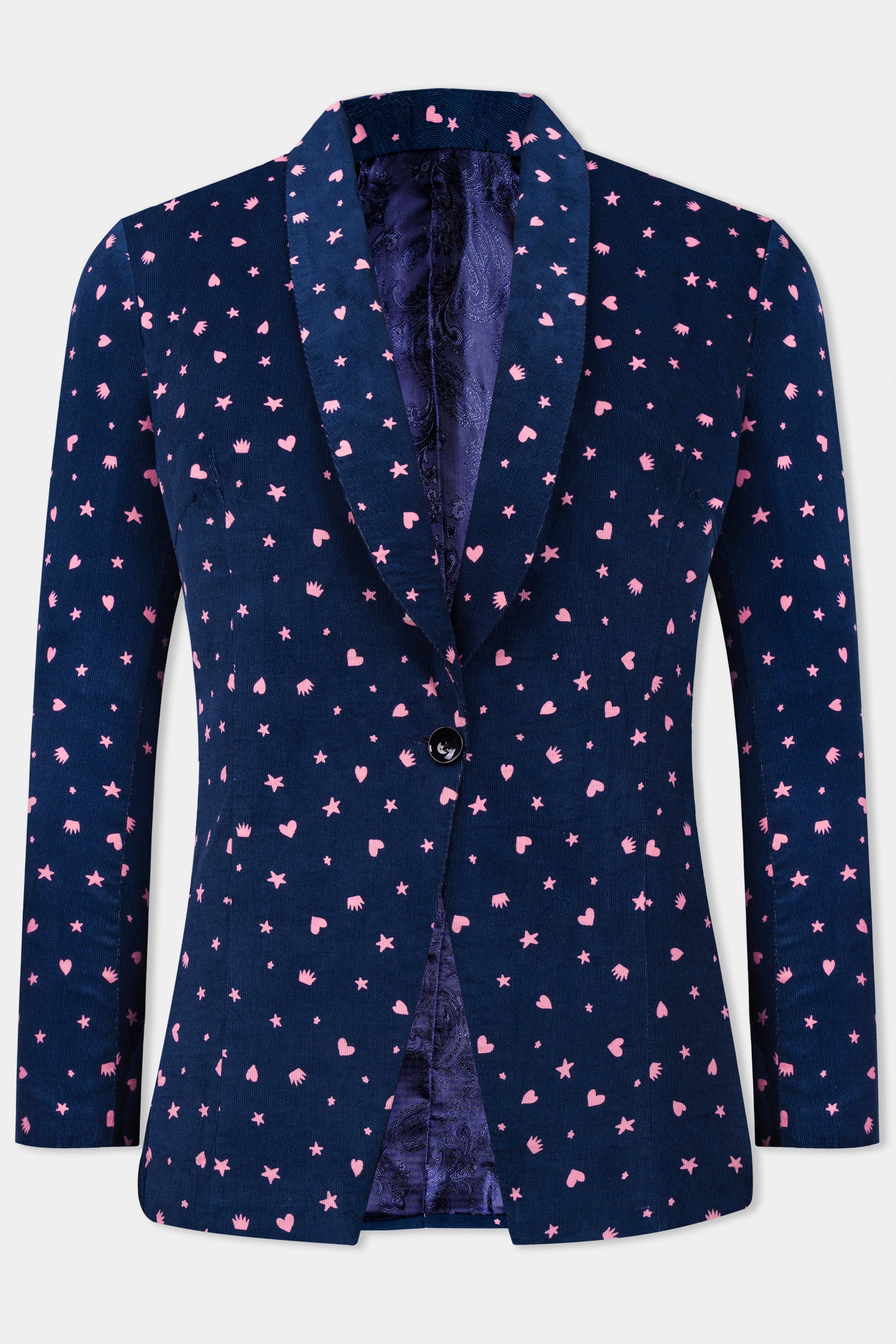 Downriver Blue and Cavern Pink Shapes Printed Premium Cotton Women’s Tuxedo Blazer
