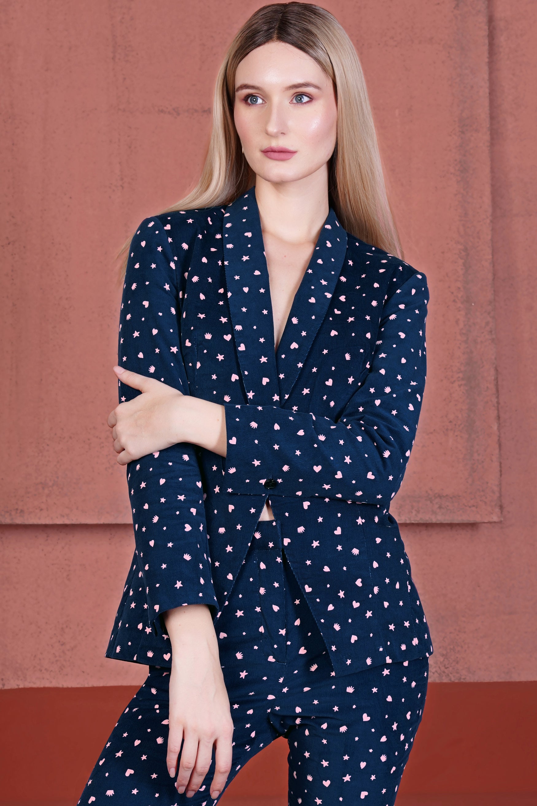 Downriver Blue and Cavern Pink Shapes Printed Premium Cotton Women’s Tuxedo Blazer