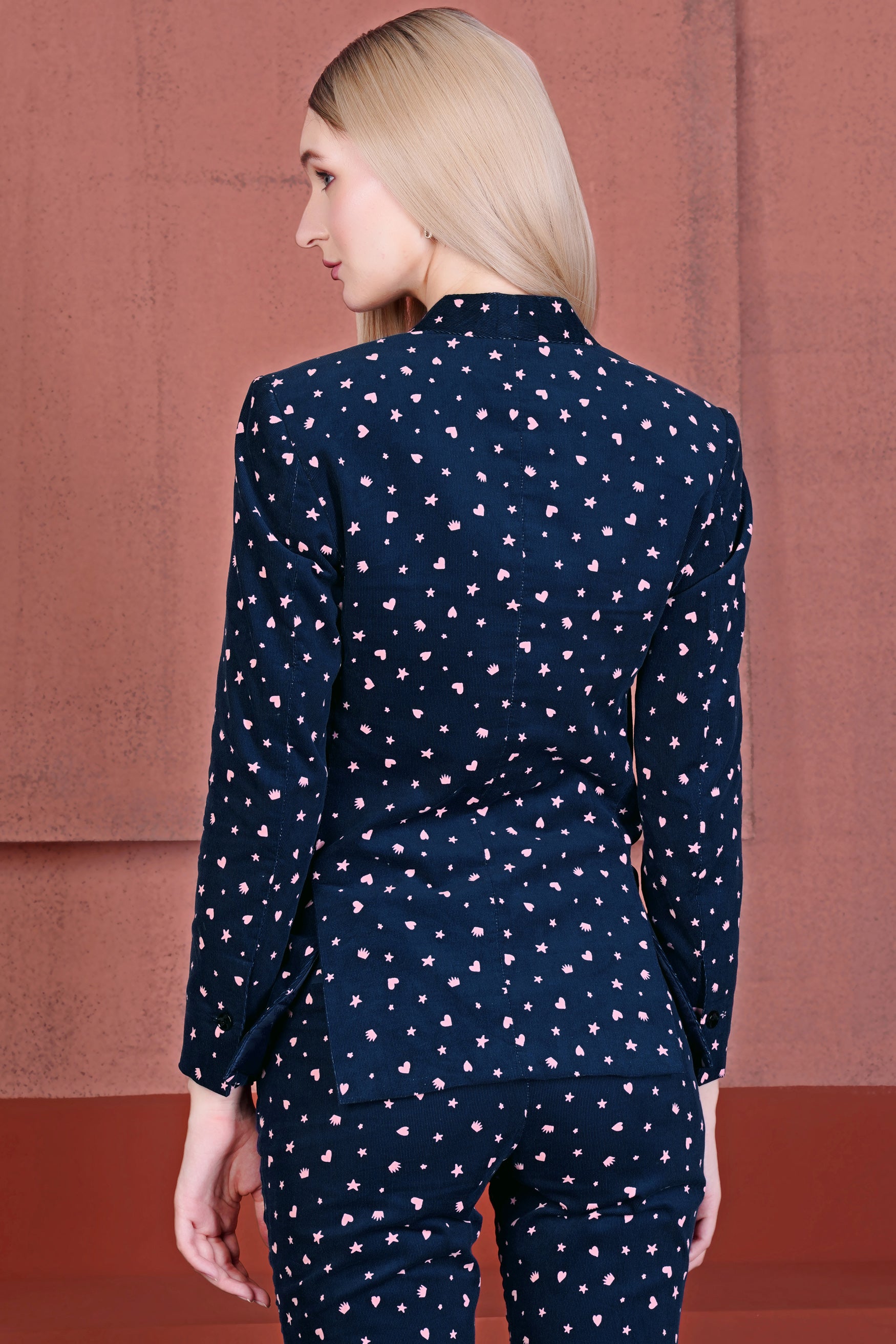 Downriver Blue and Cavern Pink Shapes Printed Premium Cotton Women’s Tuxedo Blazer