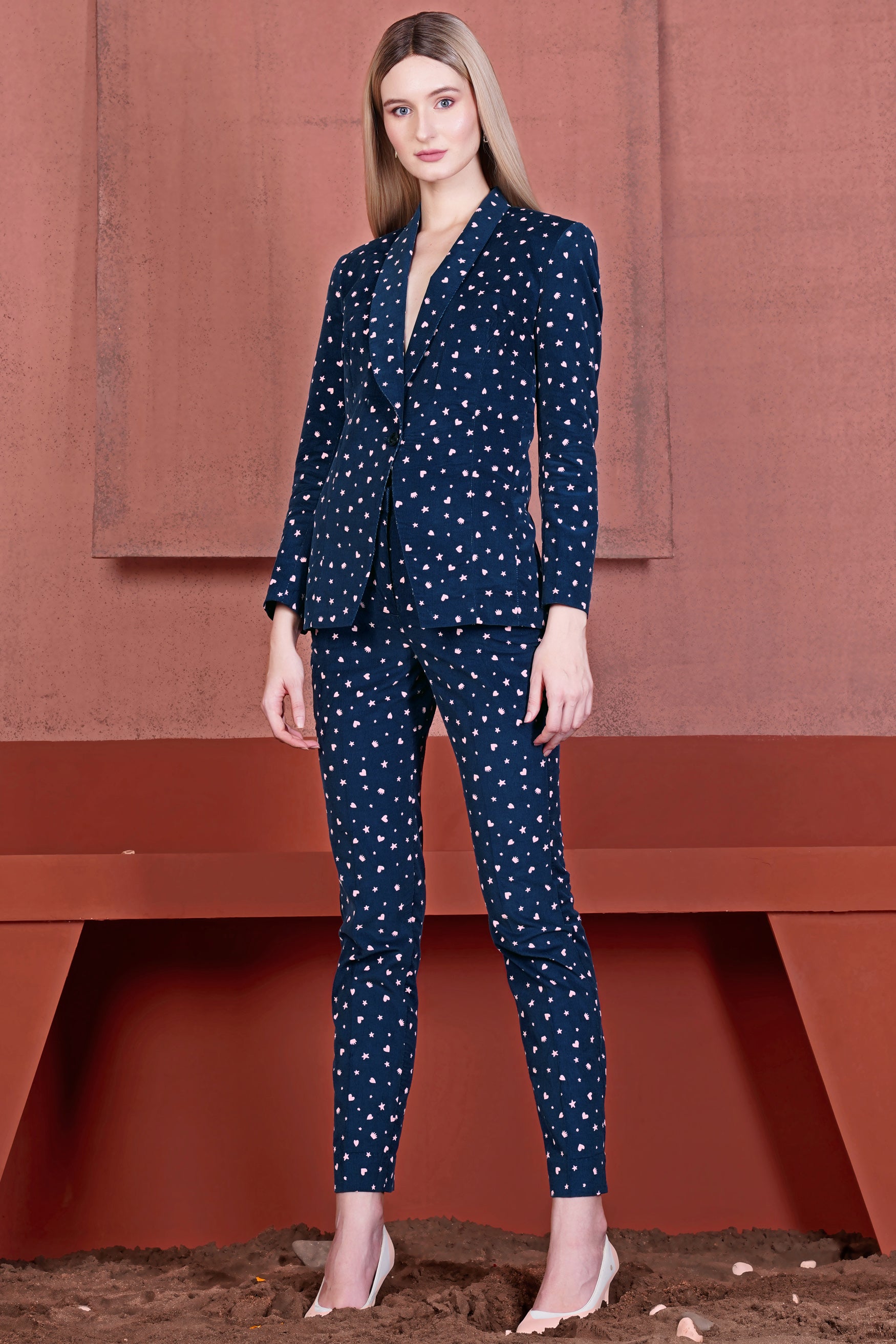 Downriver Blue and Cavern Pink Shapes Printed Premium Cotton Women’s Tuxedo Blazer