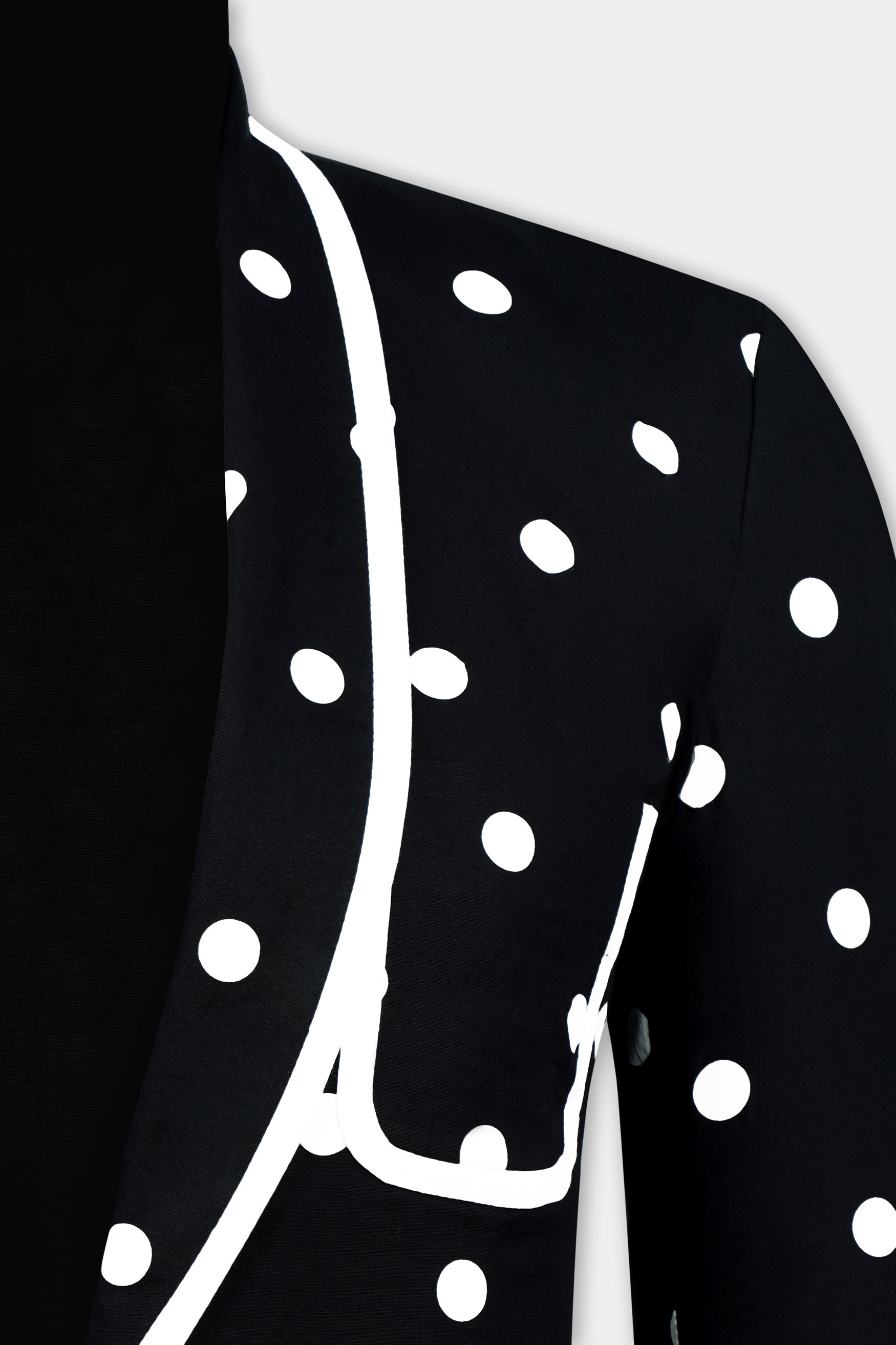 Jade Black and Bright White Polka Dots With White Piping Work Premium Cotton Women’s Designer Blazer
