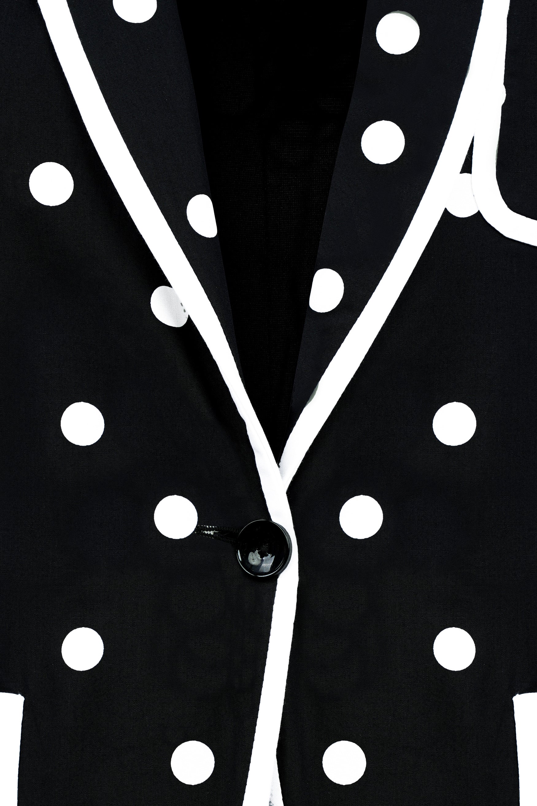 Jade Black and Bright White Polka Dots With White Piping Work Premium Cotton Women’s Designer Blazer