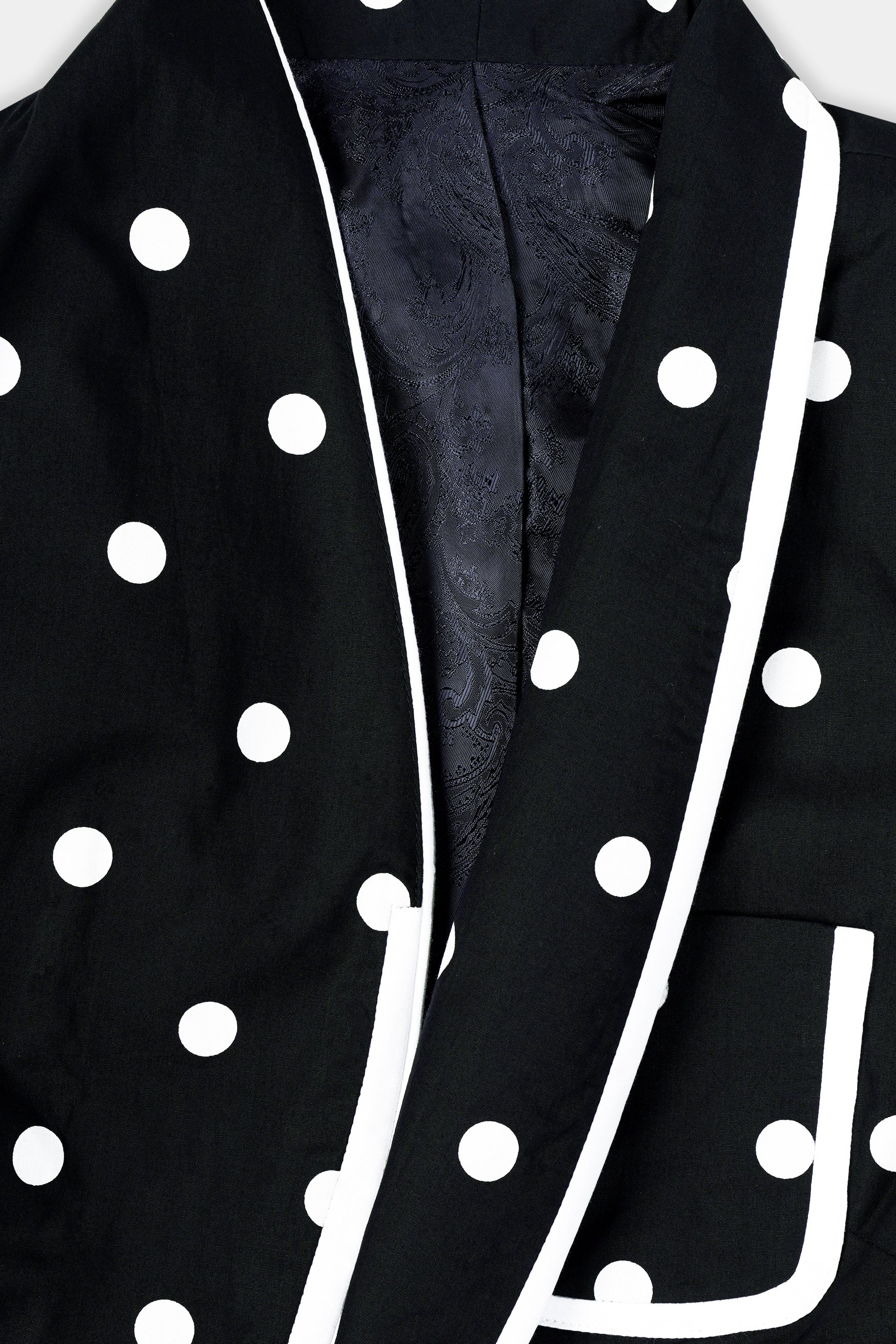 Jade Black and Bright White Polka Dots With White Piping Work Premium Cotton Women’s Designer Blazer