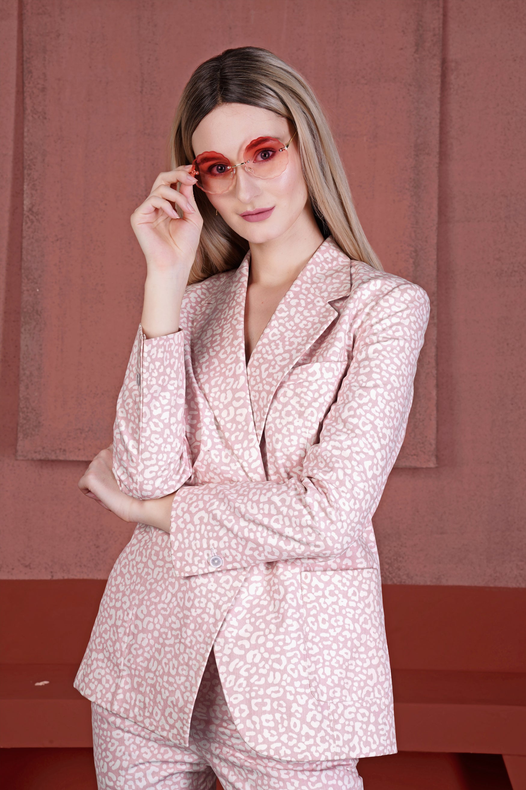 Thistle Pink and Bright White Animal Printed Premium Cotton Women’s Designer Blazer