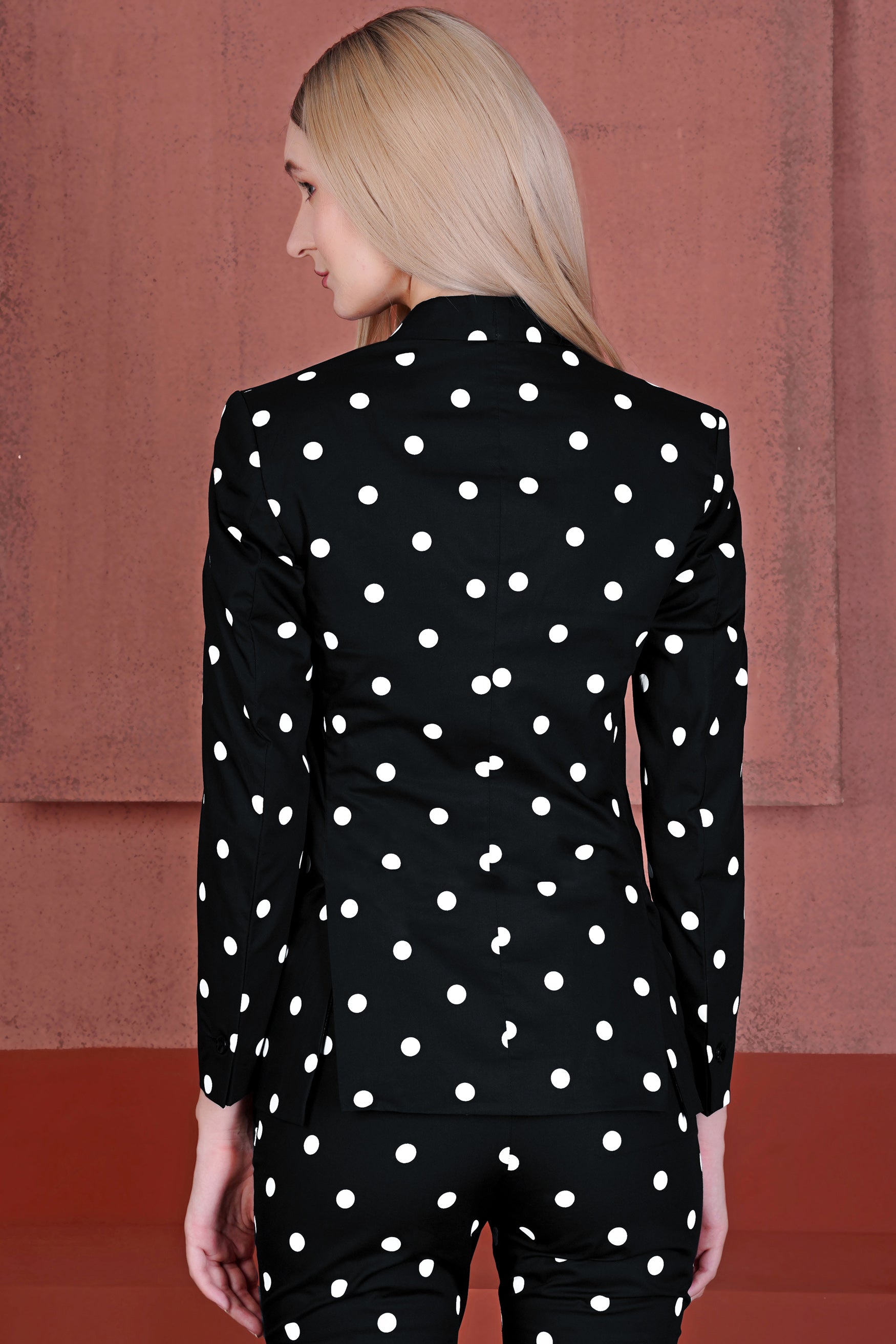 Jade Black and Bright White Polka Dots Premium Cotton Women’s Tuxedo Blazer