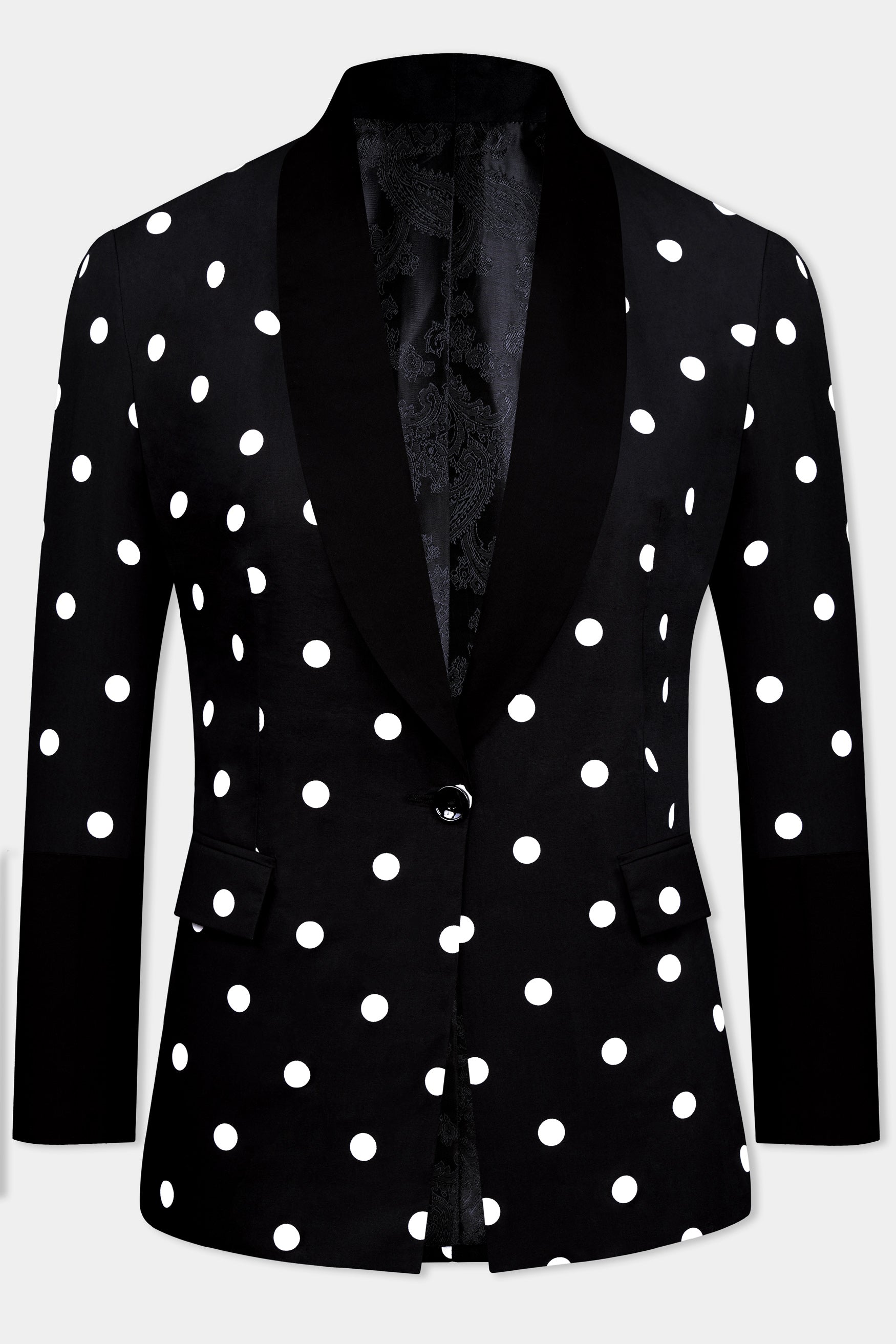 Jade Black and White Polka Dots Premium Cotton Women’s Tuxedo Blazer