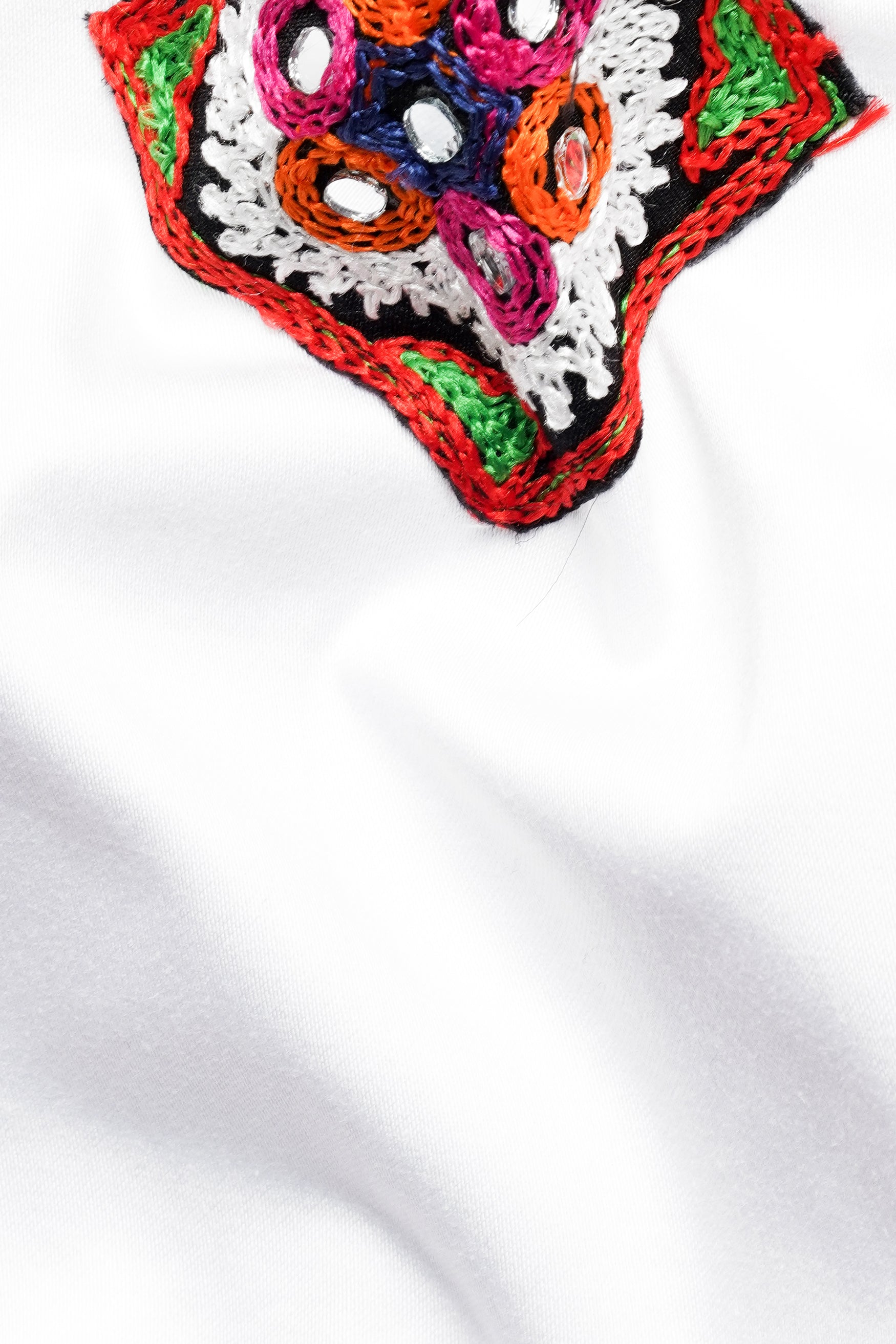 Bright White with Portland Red and Twilight Blue Multicolour Cotton Thread Embroidered Jacket with Mirror Work