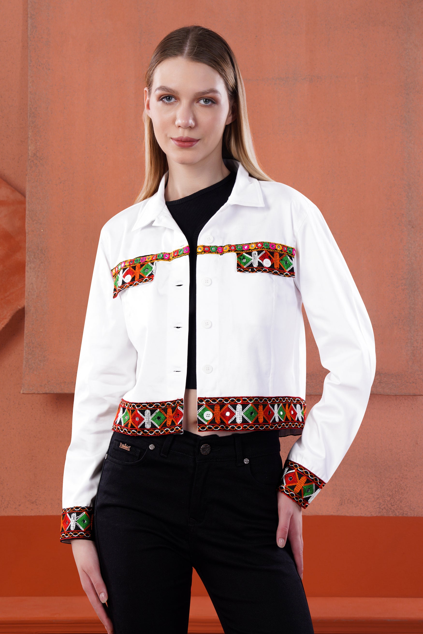 Bright White with Portland Red and Twilight Blue Multicolour Cotton Thread Embroidered Jacket with Mirror Work