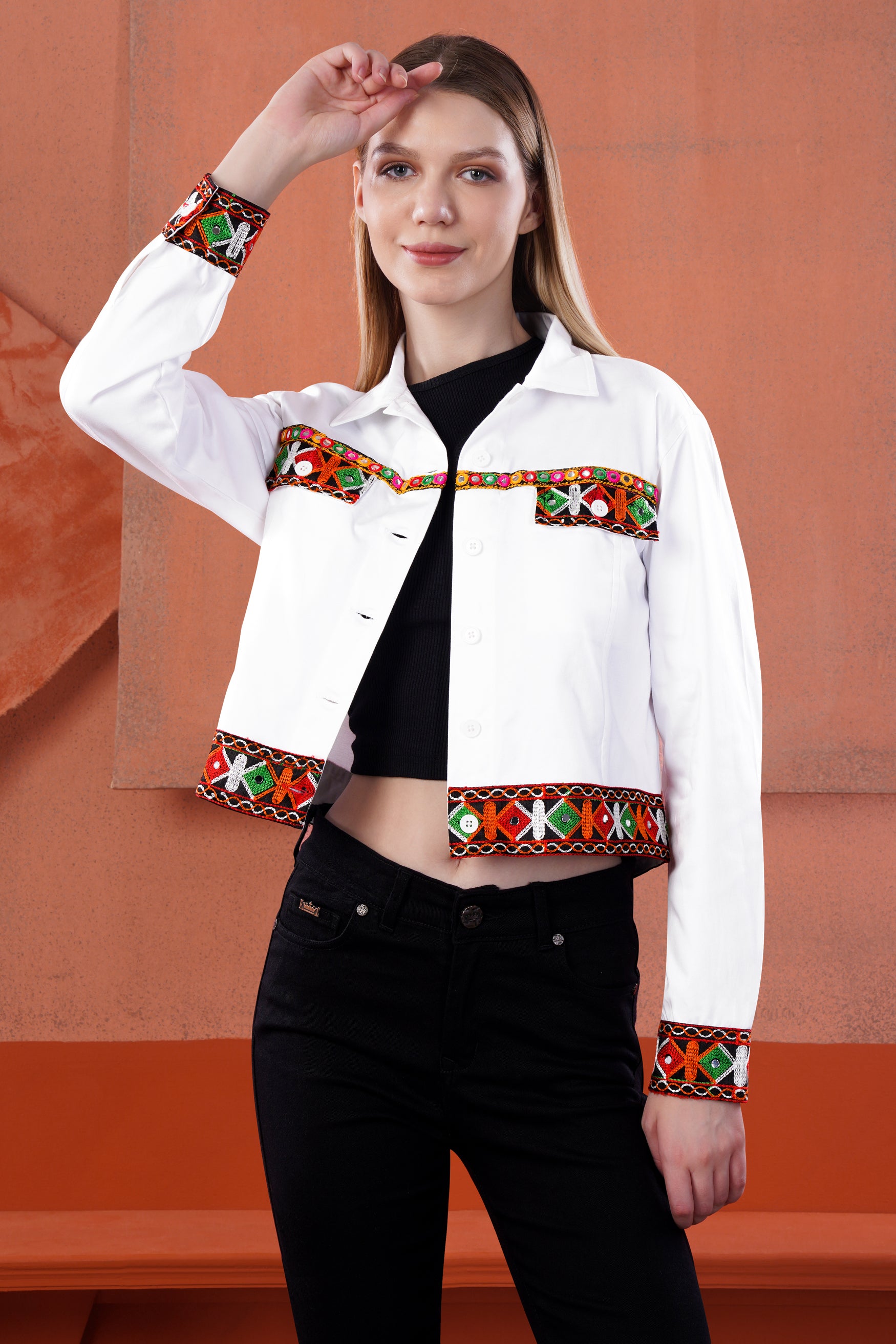 Bright White with Portland Red and Twilight Blue Multicolour Cotton Thread Embroidered Jacket with Mirror Work