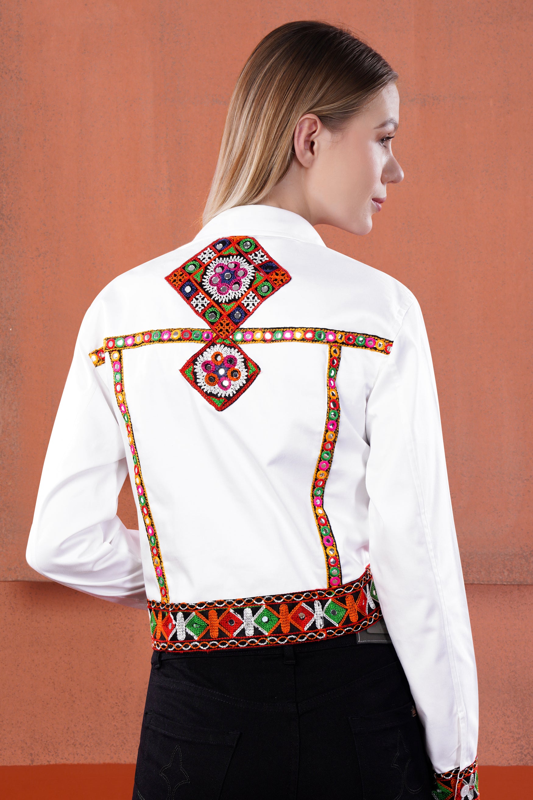 Bright White with Portland Red and Twilight Blue Multicolour Cotton Thread Embroidered Jacket with Mirror Work