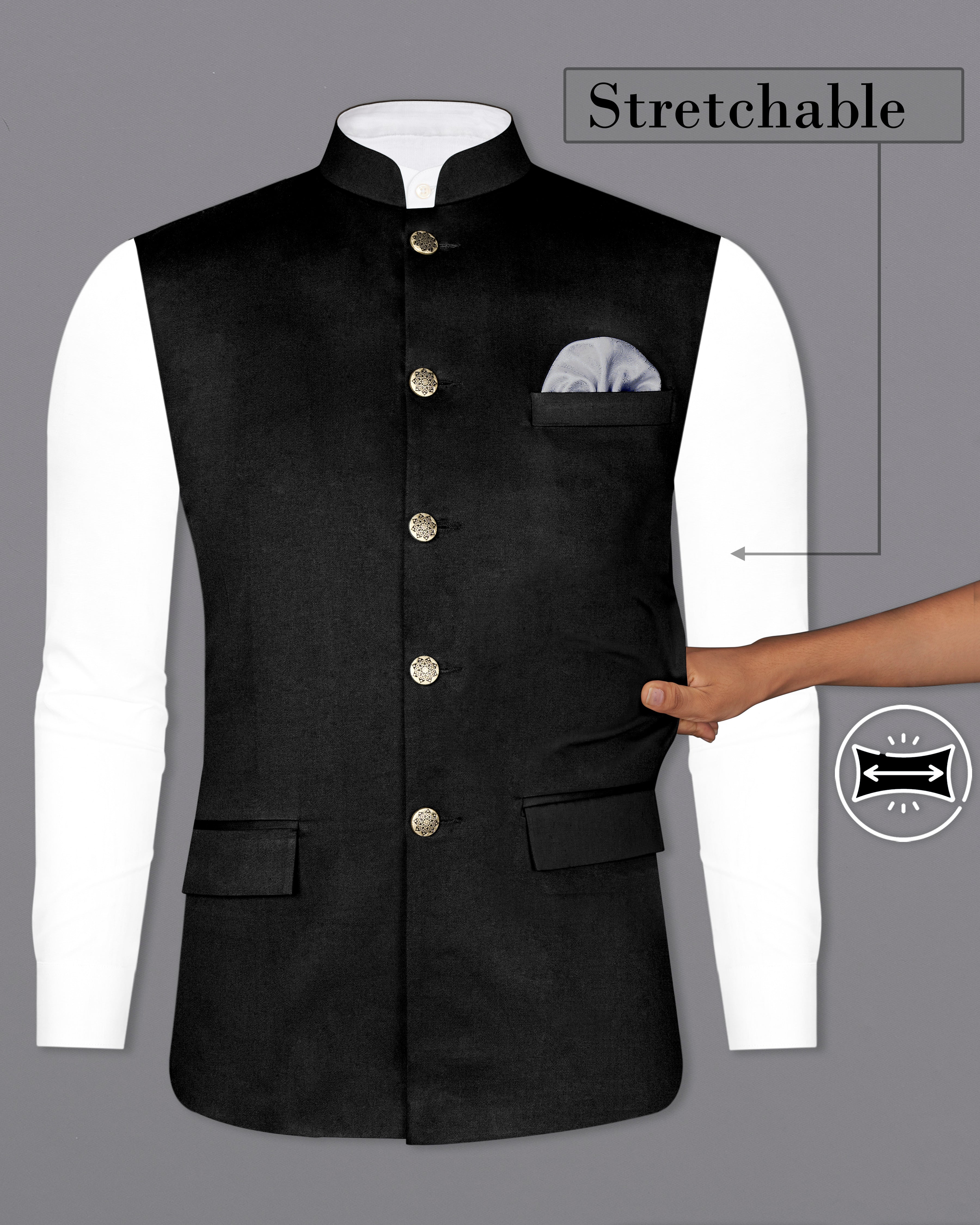 Jade Black Solid Premium Cotton Nehru Jacket WC2624-36, WC2624-38, WC2624-40, WC2624-42, WC2624-44, WC2624-46, WC2624-48, WC2624-50, WC2624-52, WC2624-54, WC2624-56, WC2624-58, WC2624-60