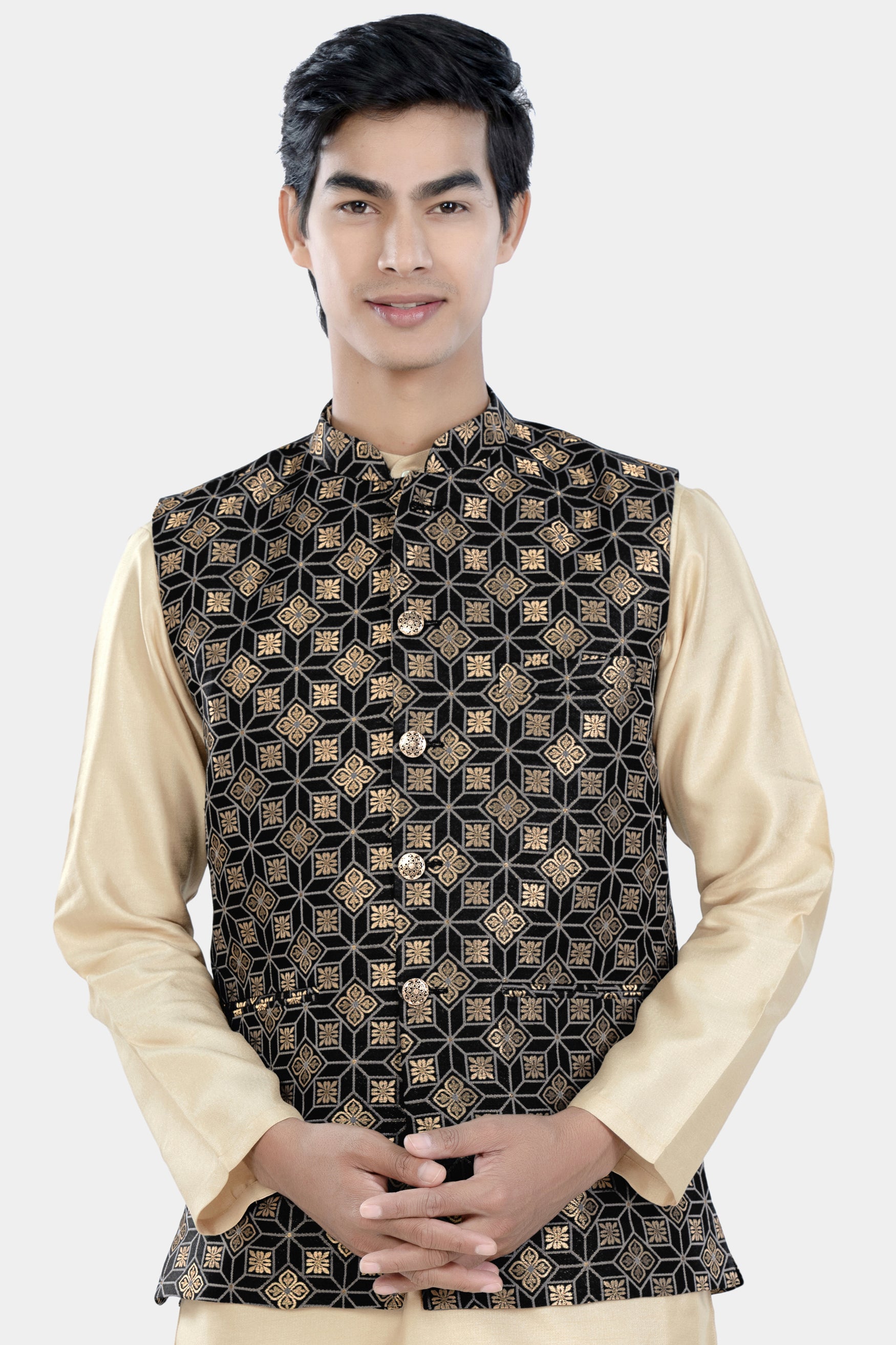 Cinder Black and Tan Brown Geometric Jacquard Textured Designer Nehru Jacket