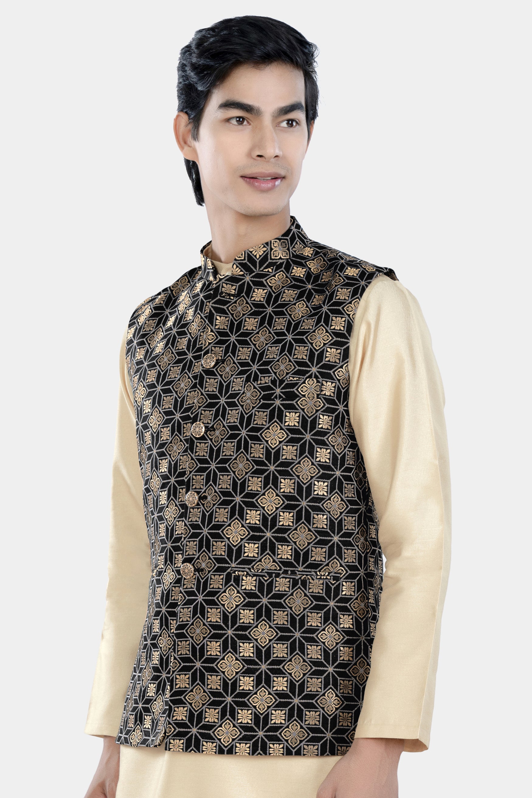 Cinder Black and Tan Brown Geometric Jacquard Textured Designer Nehru Jacket