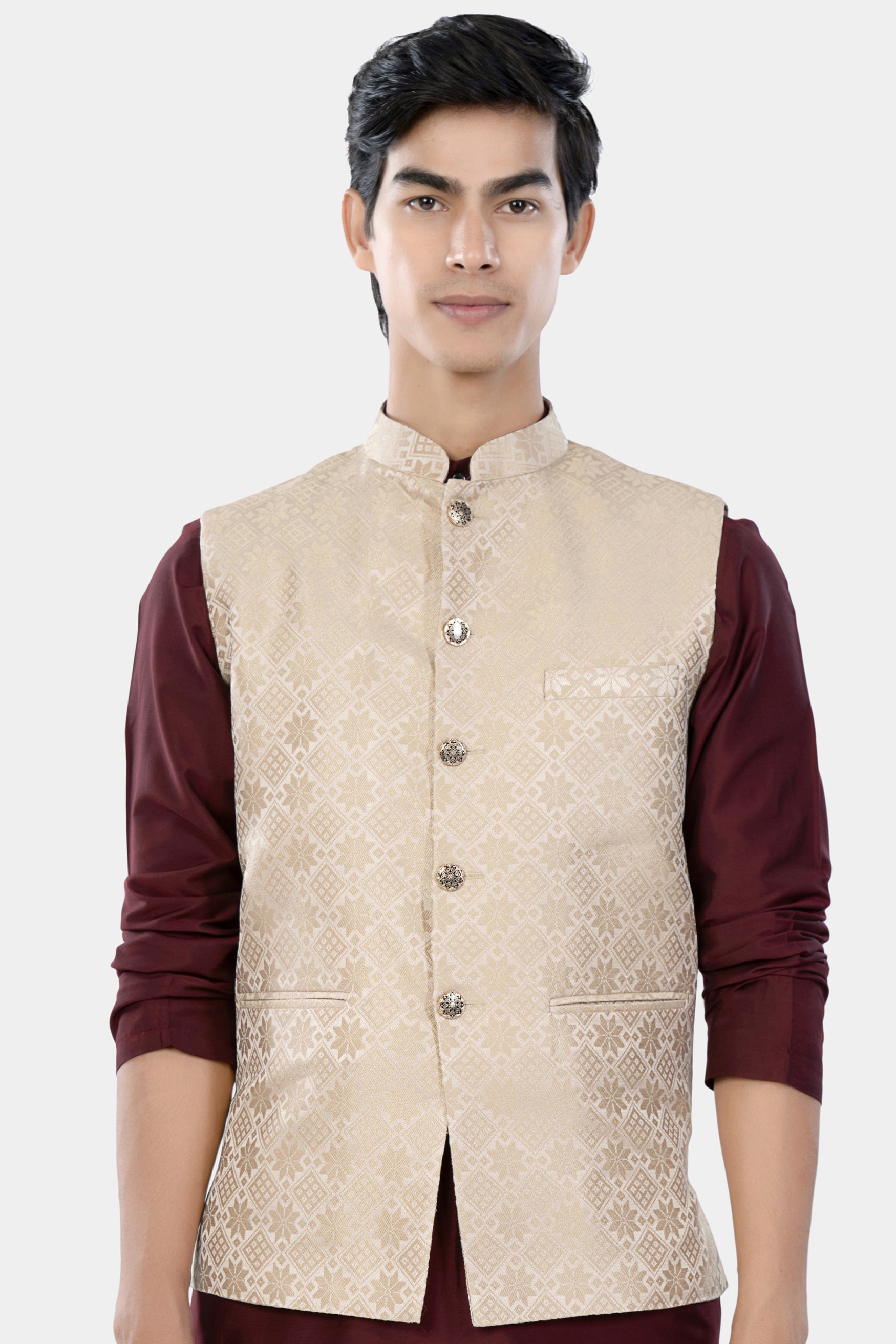 Merino and Almond Cream Geometric Jacquard Textured Designer Nehru Jacket WC3460-36, WC3460-38, WC3460-40, WC3460-42, WC3460-44, WC3460-46, WC3460-48, WC3460-50, WC3460-52, WC3460-54, WC3460-56, WC3460-58, WC3460-60