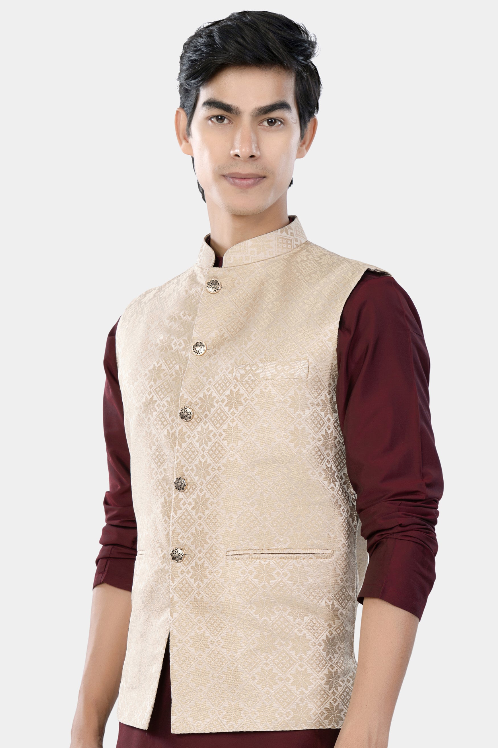 Merino and Almond Cream Geometric Jacquard Textured Designer Nehru Jacket WC3460-36, WC3460-38, WC3460-40, WC3460-42, WC3460-44, WC3460-46, WC3460-48, WC3460-50, WC3460-52, WC3460-54, WC3460-56, WC3460-58, WC3460-60