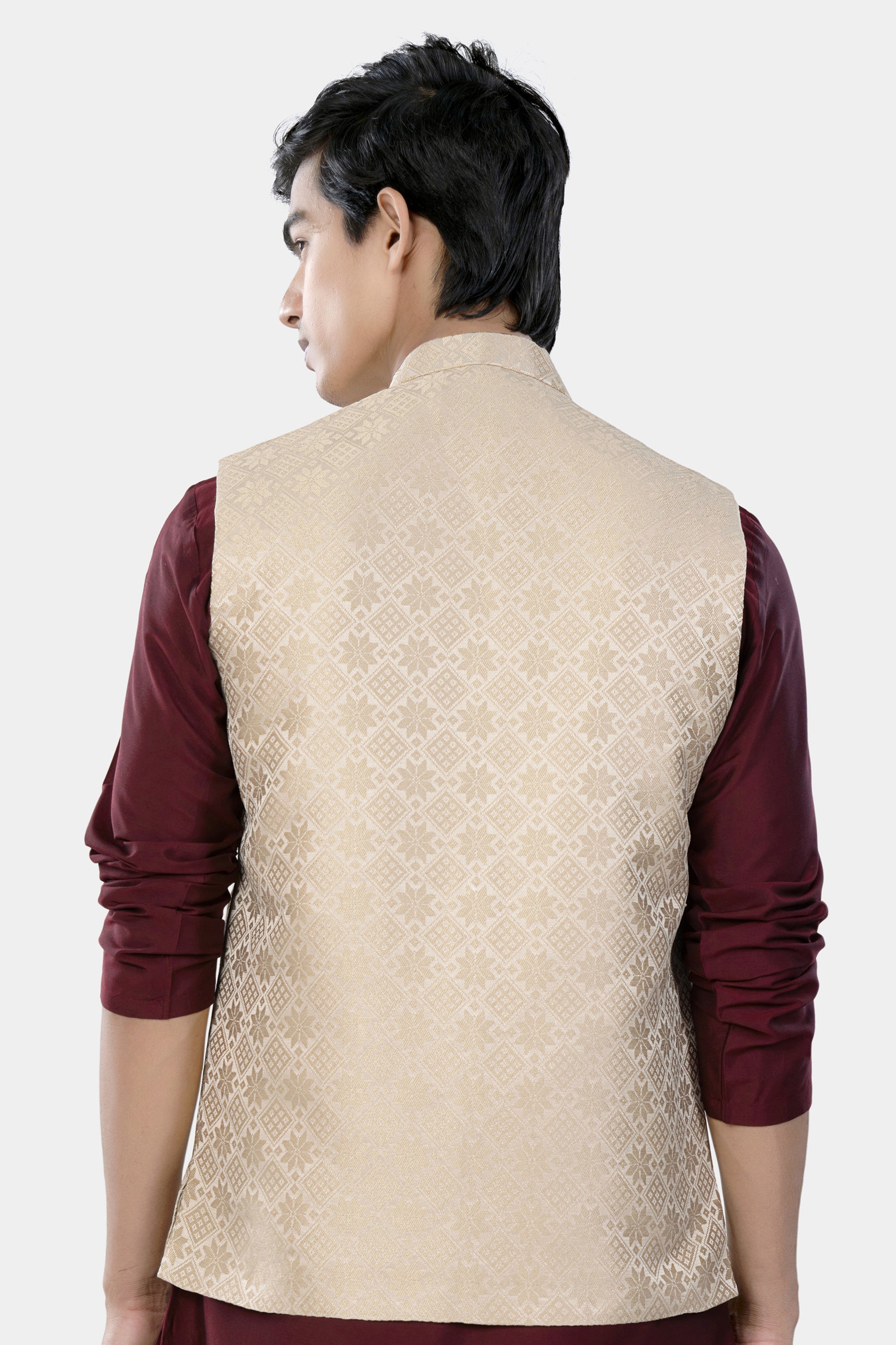 Merino and Almond Cream Geometric Jacquard Textured Designer Nehru Jacket WC3460-36, WC3460-38, WC3460-40, WC3460-42, WC3460-44, WC3460-46, WC3460-48, WC3460-50, WC3460-52, WC3460-54, WC3460-56, WC3460-58, WC3460-60