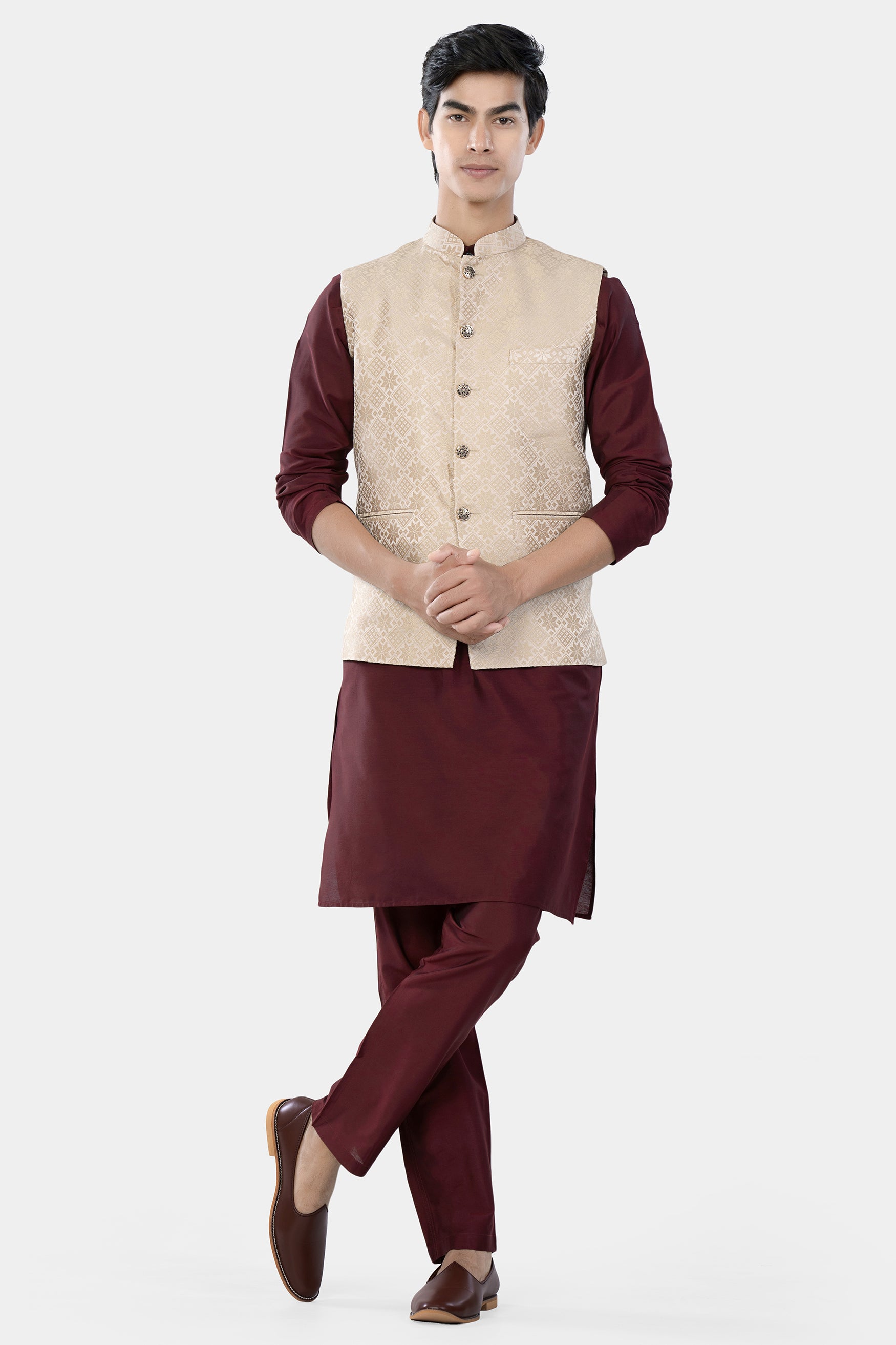 Merino and Almond Cream Geometric Jacquard Textured Designer Nehru Jacket WC3460-36, WC3460-38, WC3460-40, WC3460-42, WC3460-44, WC3460-46, WC3460-48, WC3460-50, WC3460-52, WC3460-54, WC3460-56, WC3460-58, WC3460-60