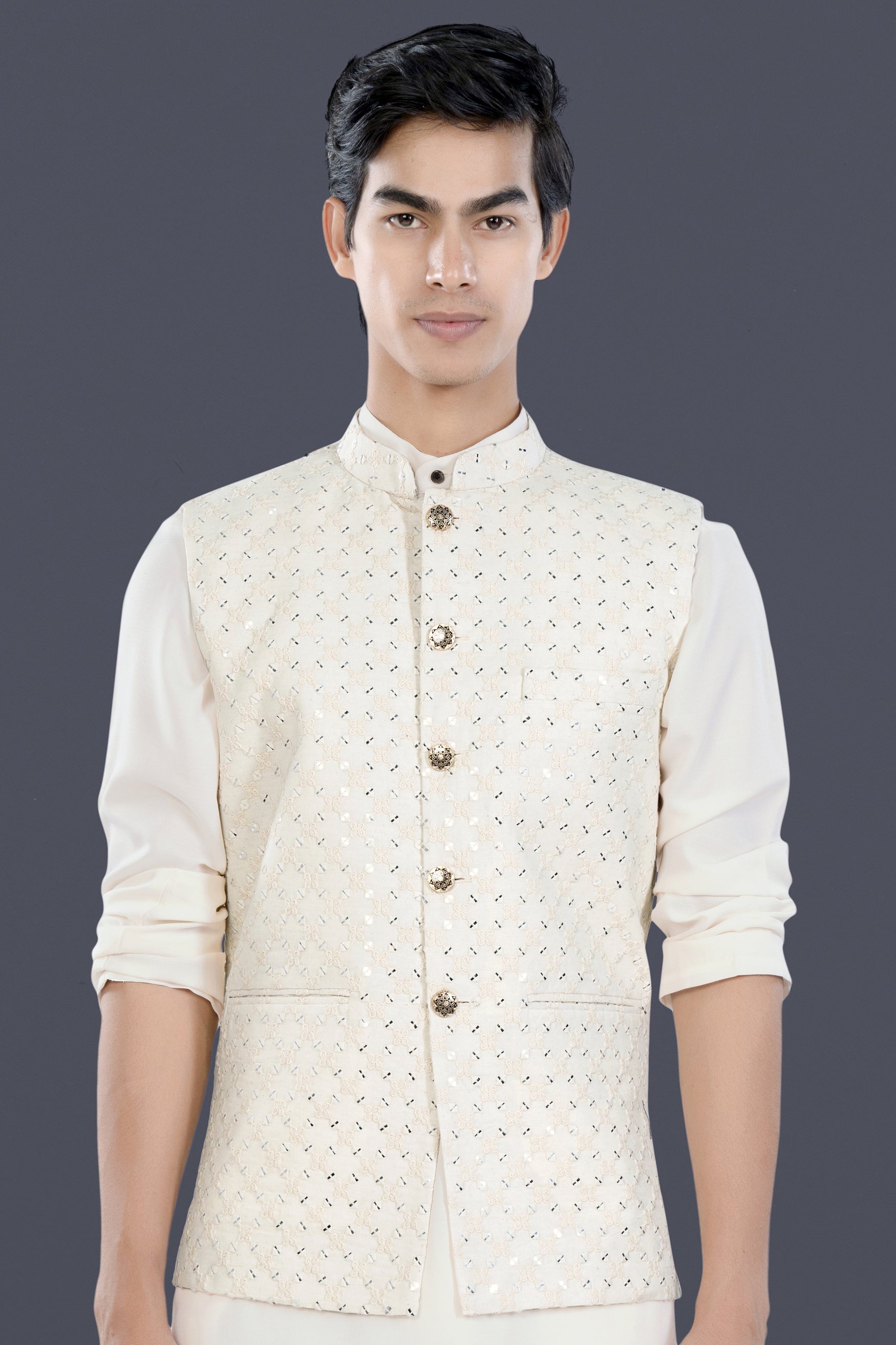 Bright White Geometric Thread and Sequin Embroidered Designer Nehru Jacket WC3473-36, WC3473-38, WC3473-40, WC3473-42, WC3473-44, WC3473-46, WC3473-48, WC3473-50, WC3473-52, WC3473-54, WC3473-56, WC3473-58, WC3473-60