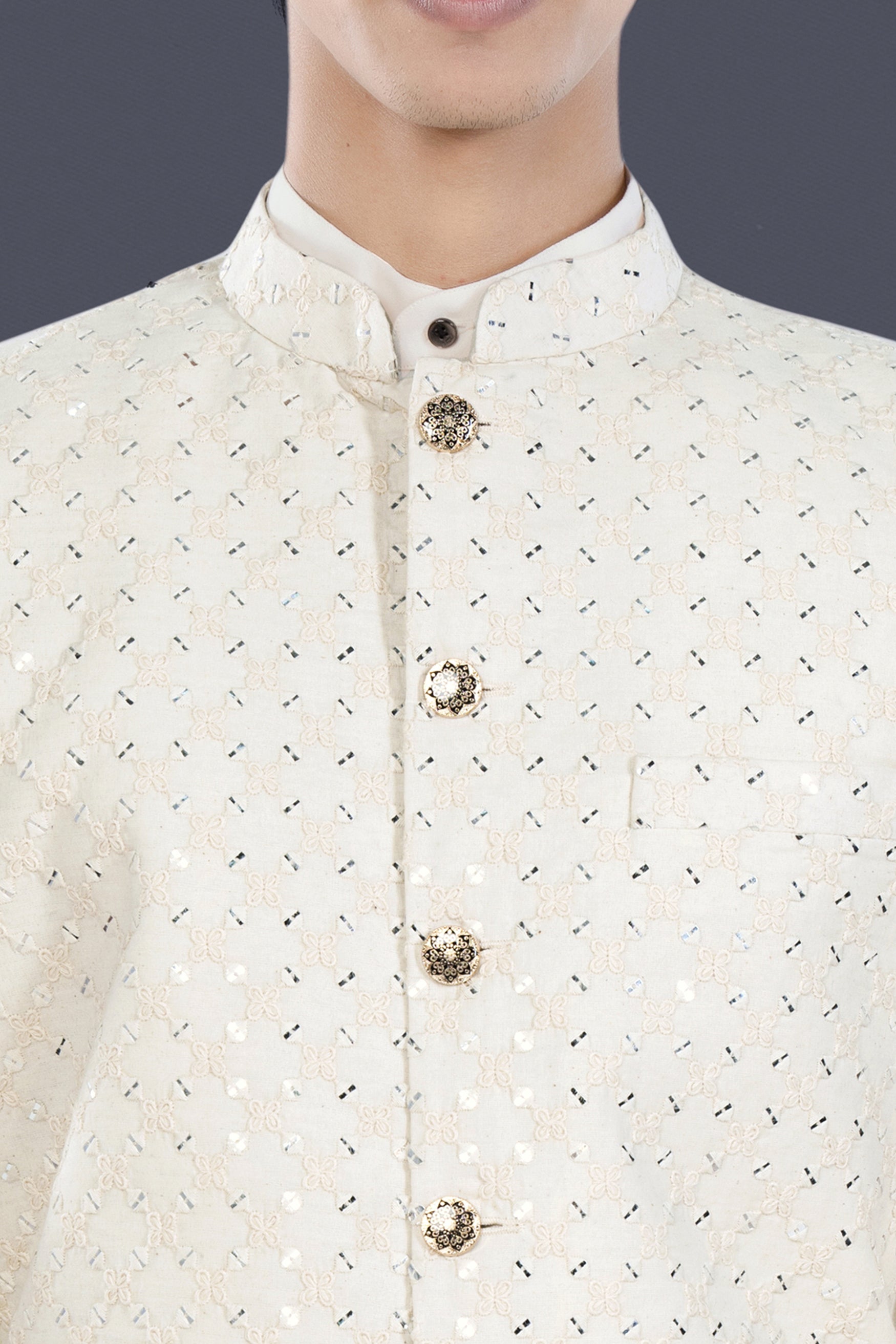 Bright White Geometric Thread and Sequin Embroidered Designer Nehru Jacket WC3473-36, WC3473-38, WC3473-40, WC3473-42, WC3473-44, WC3473-46, WC3473-48, WC3473-50, WC3473-52, WC3473-54, WC3473-56, WC3473-58, WC3473-60