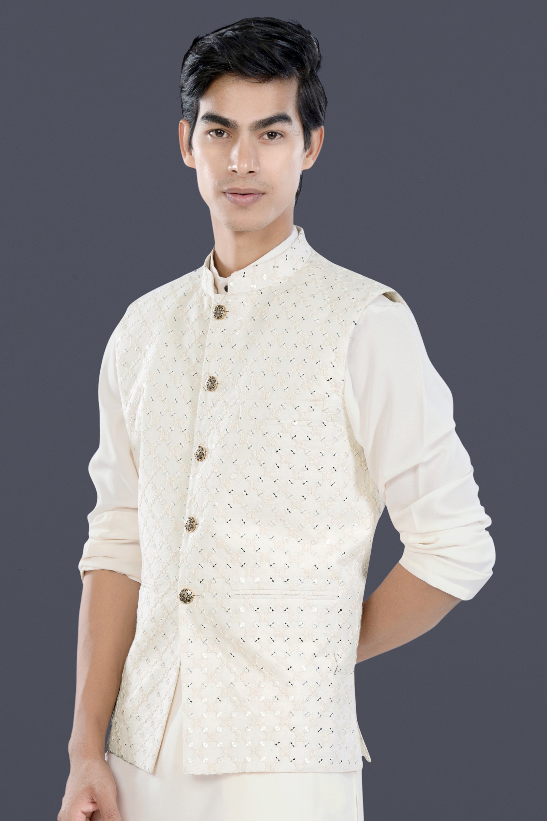 Bright White Geometric Thread and Sequin Embroidered Designer Nehru Jacket WC3473-36, WC3473-38, WC3473-40, WC3473-42, WC3473-44, WC3473-46, WC3473-48, WC3473-50, WC3473-52, WC3473-54, WC3473-56, WC3473-58, WC3473-60