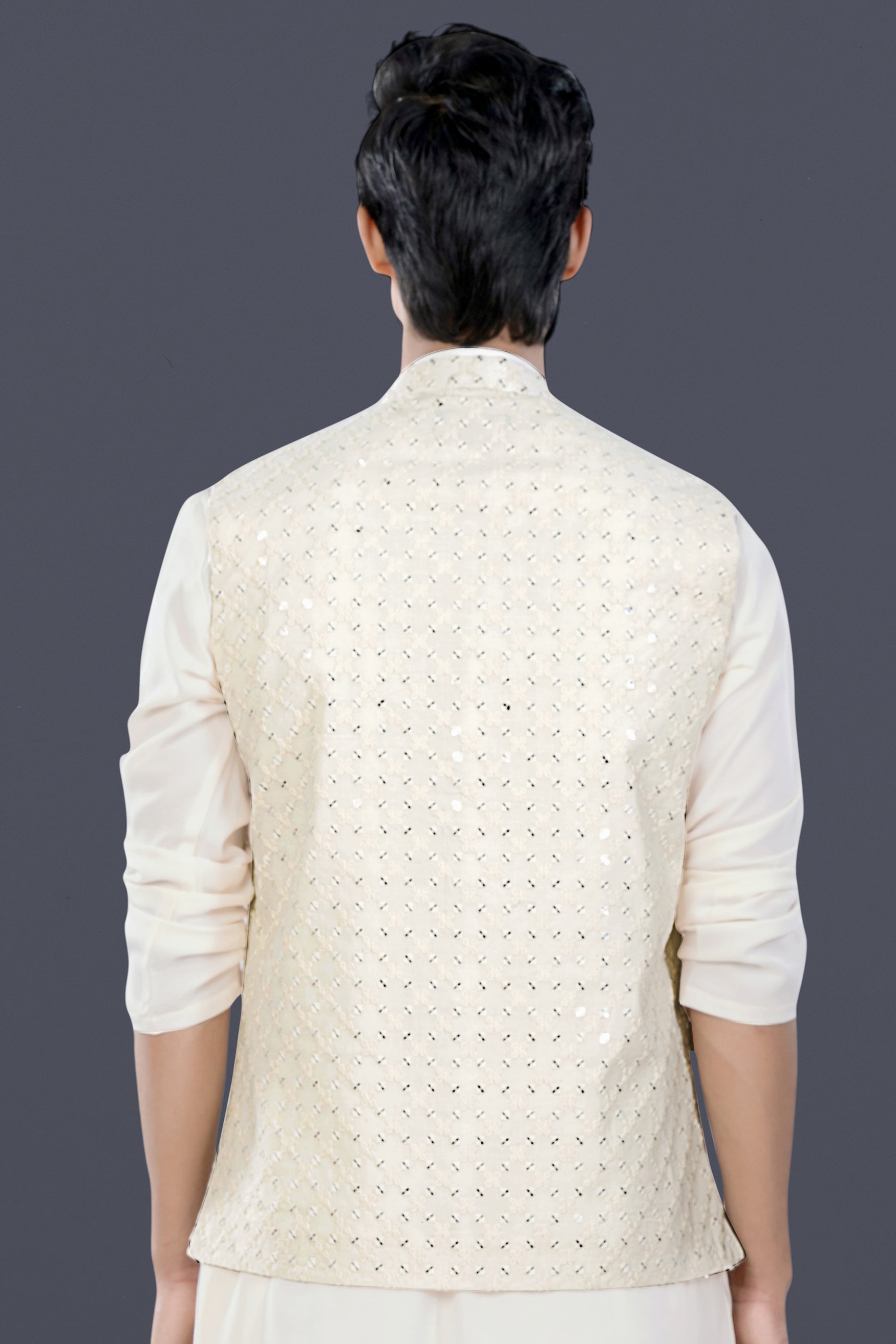 Bright White Geometric Thread and Sequin Embroidered Designer Nehru Jacket WC3473-36, WC3473-38, WC3473-40, WC3473-42, WC3473-44, WC3473-46, WC3473-48, WC3473-50, WC3473-52, WC3473-54, WC3473-56, WC3473-58, WC3473-60