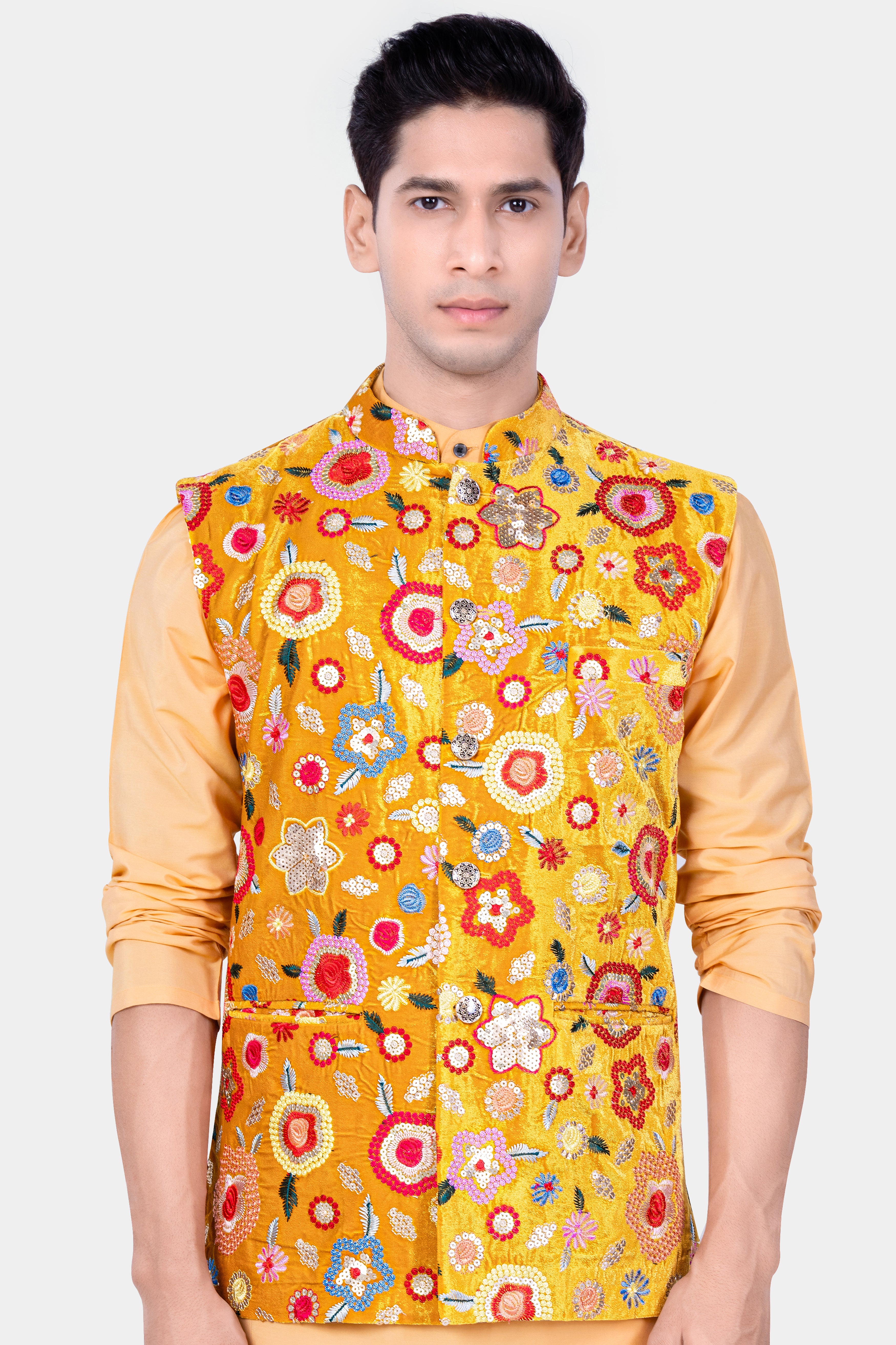 Tangerine Yellow And Alizarin Red Velvet Floral Thread Embroidered Nehru Jacket