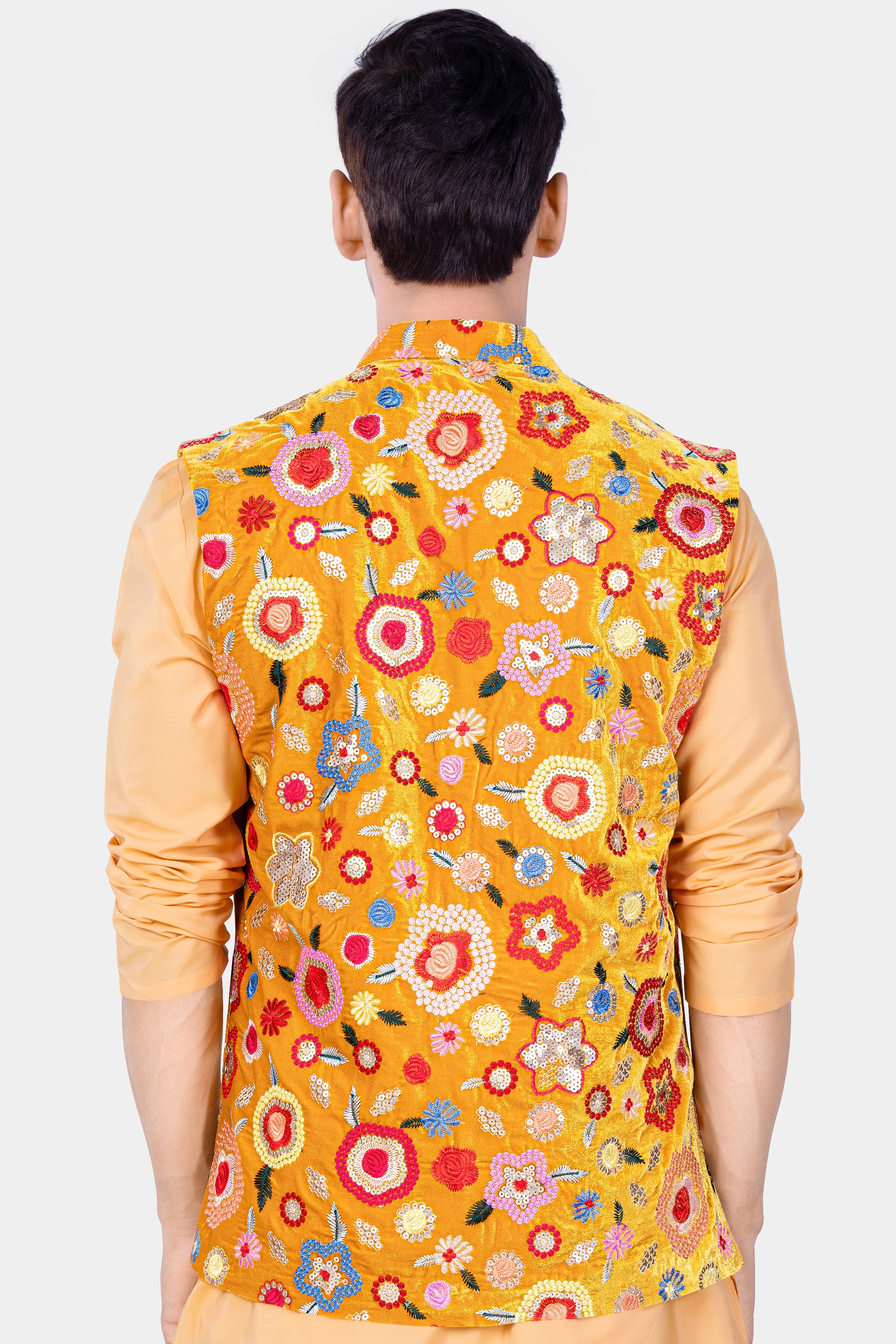 Tangerine Yellow And Alizarin Red Velvet Floral Thread Embroidered Nehru Jacket