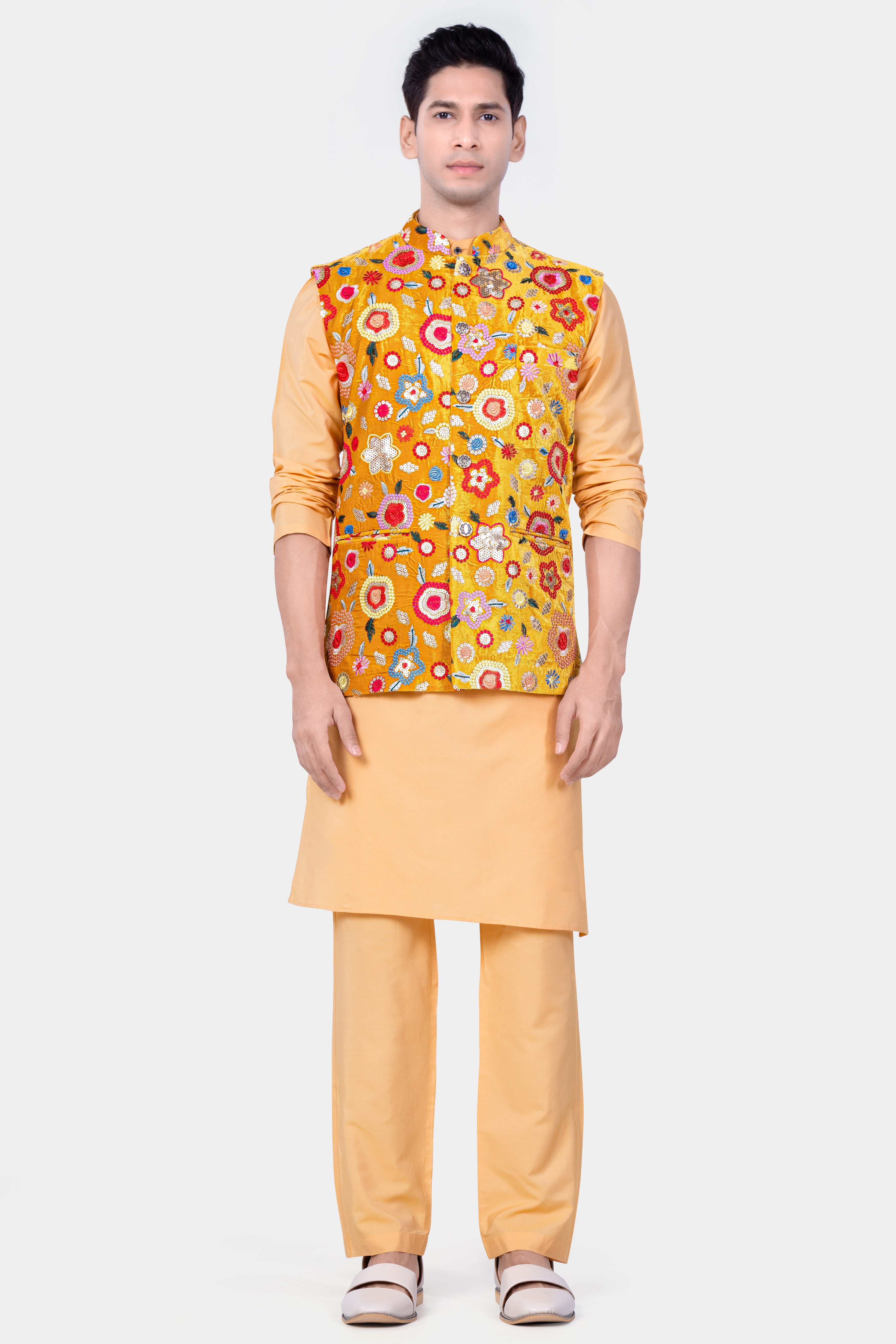 Tangerine Yellow And Alizarin Red Velvet Floral Thread Embroidered Nehru Jacket