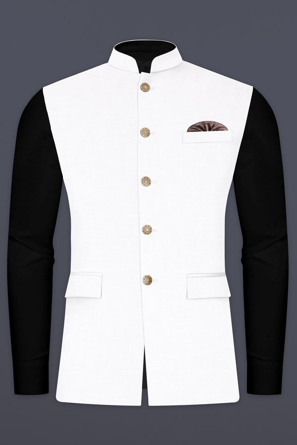 Bright White Solid Luxurious Linen Nehru Jacket