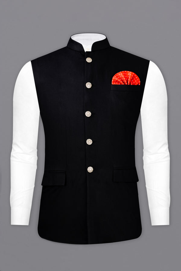 Jade Black Stretchable Subtle Sheen Wool Blend Nehru jacket