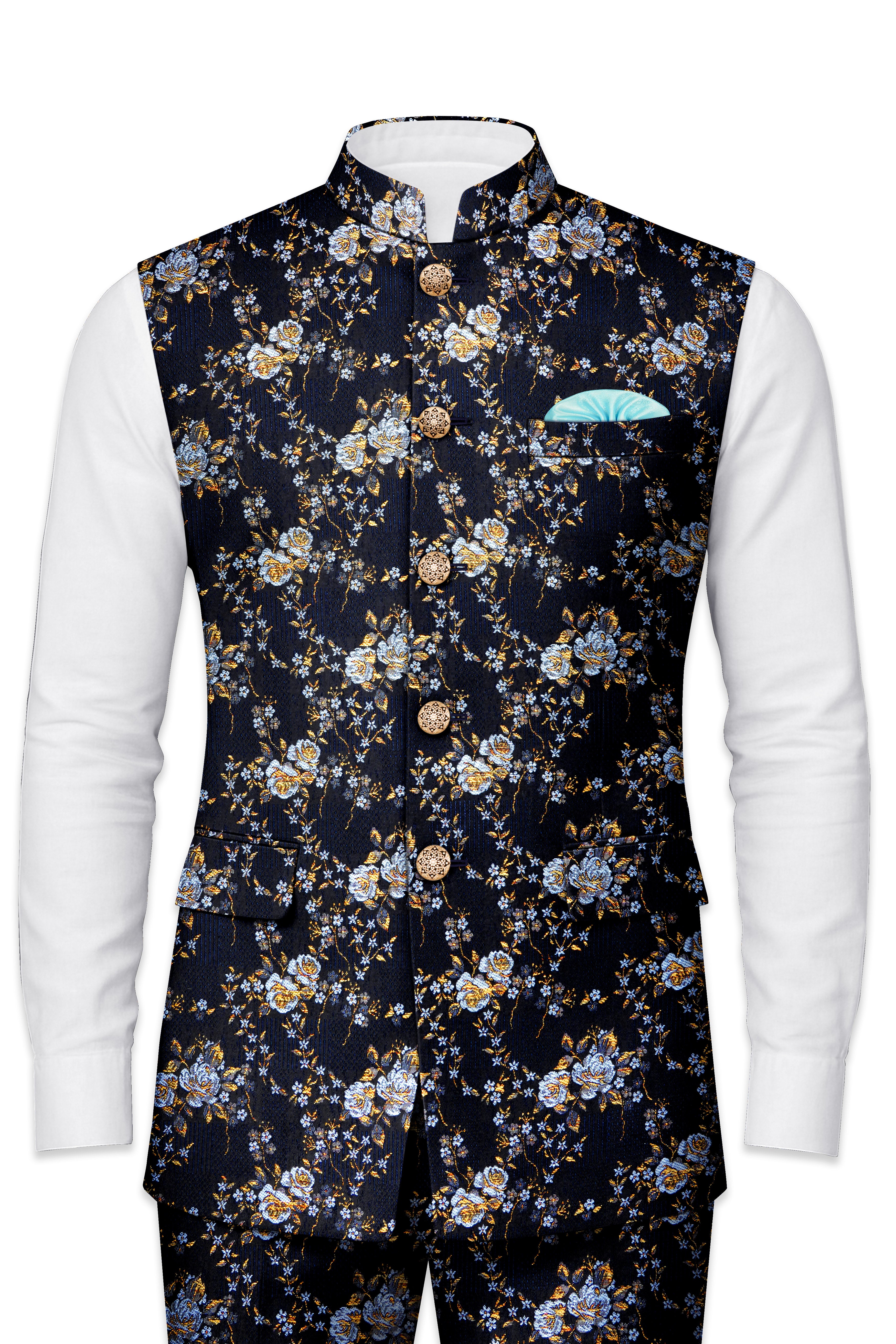 Storm Dust Blue Floral Printed Nehru Jacket