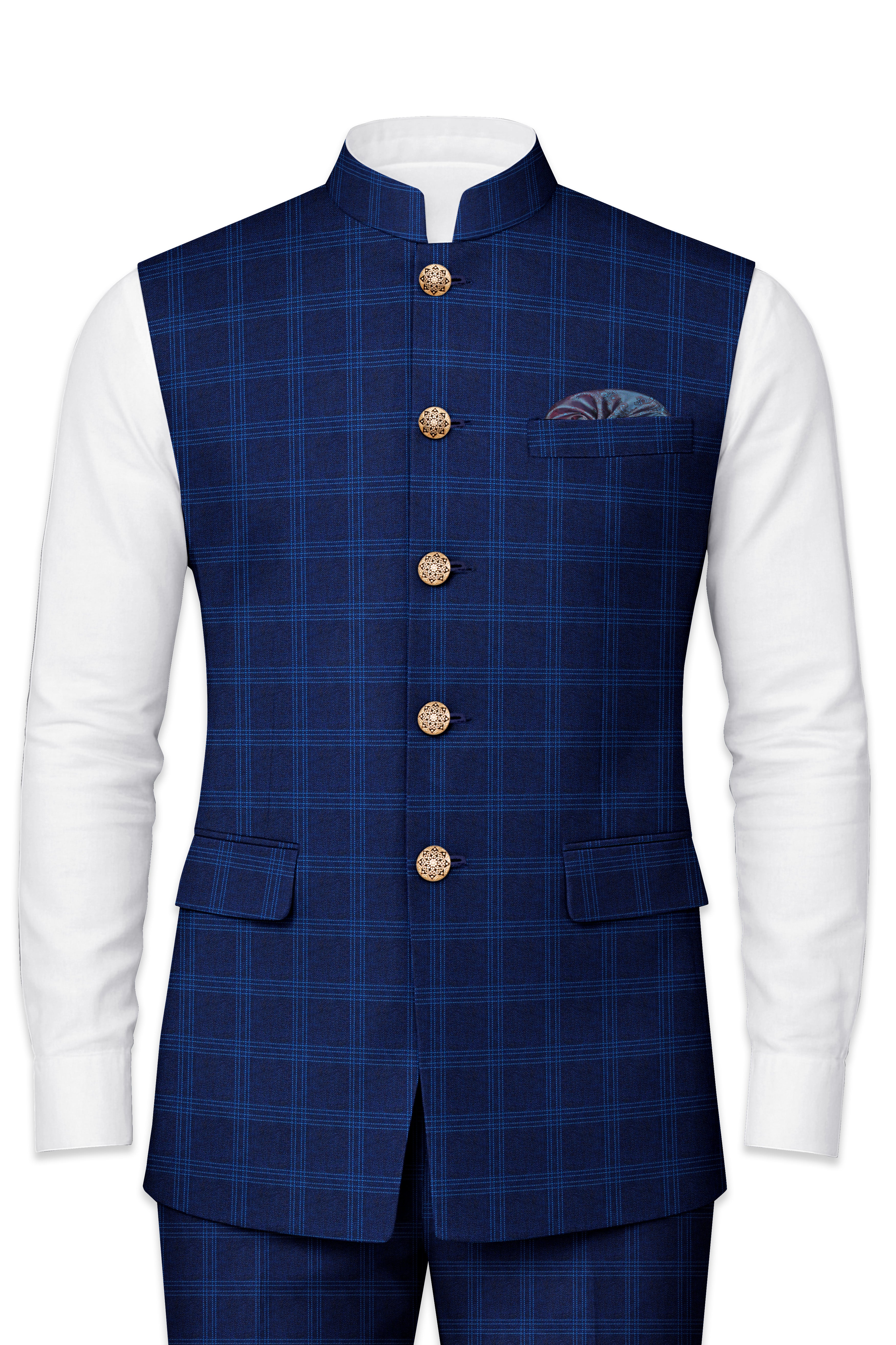 Baltic Sea Blue Windowpane Bandhgala Nehru Jacket