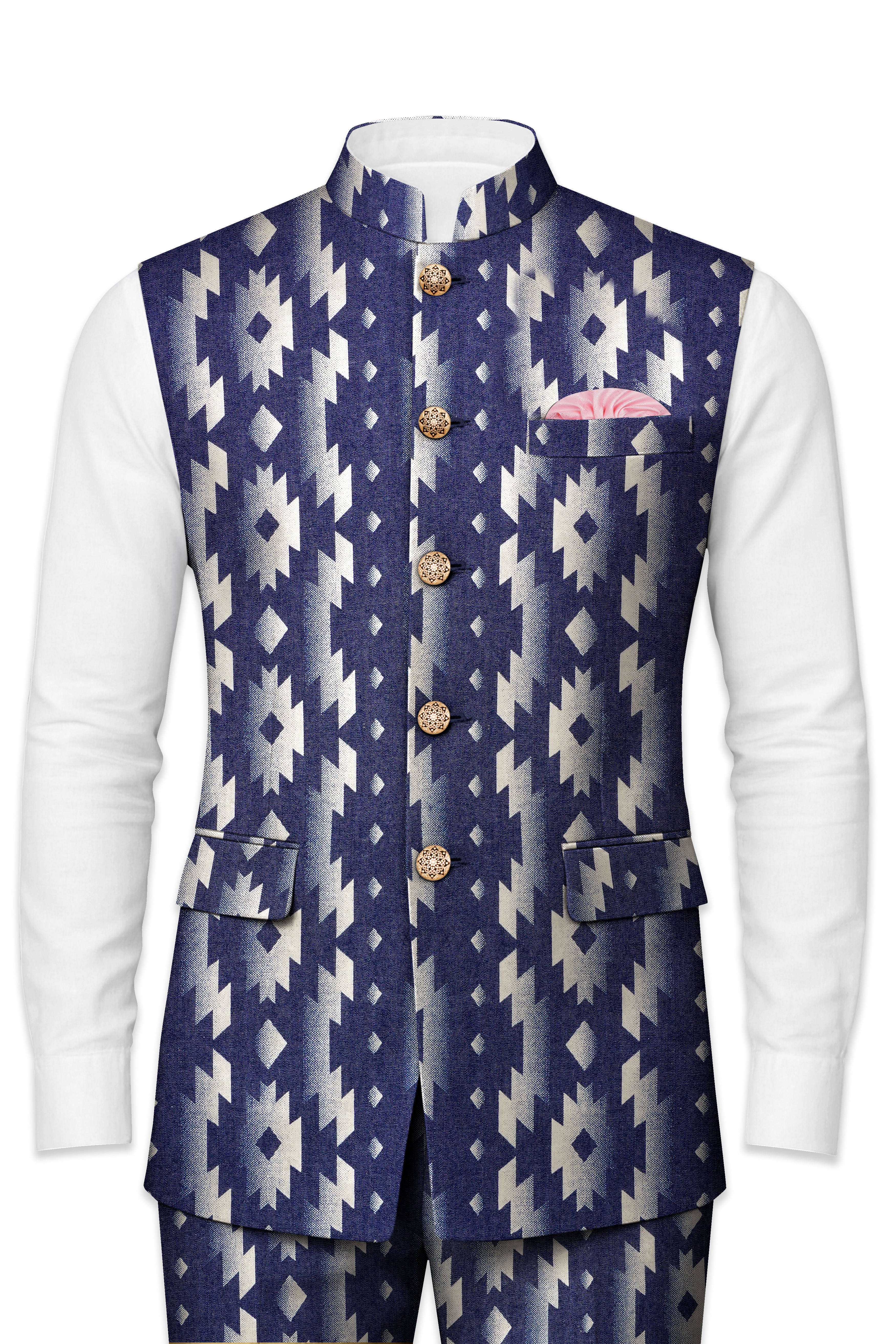 Gunmetal Blue with Nobel Cream Iktat Printed Premium Cotton Nehru Jacket