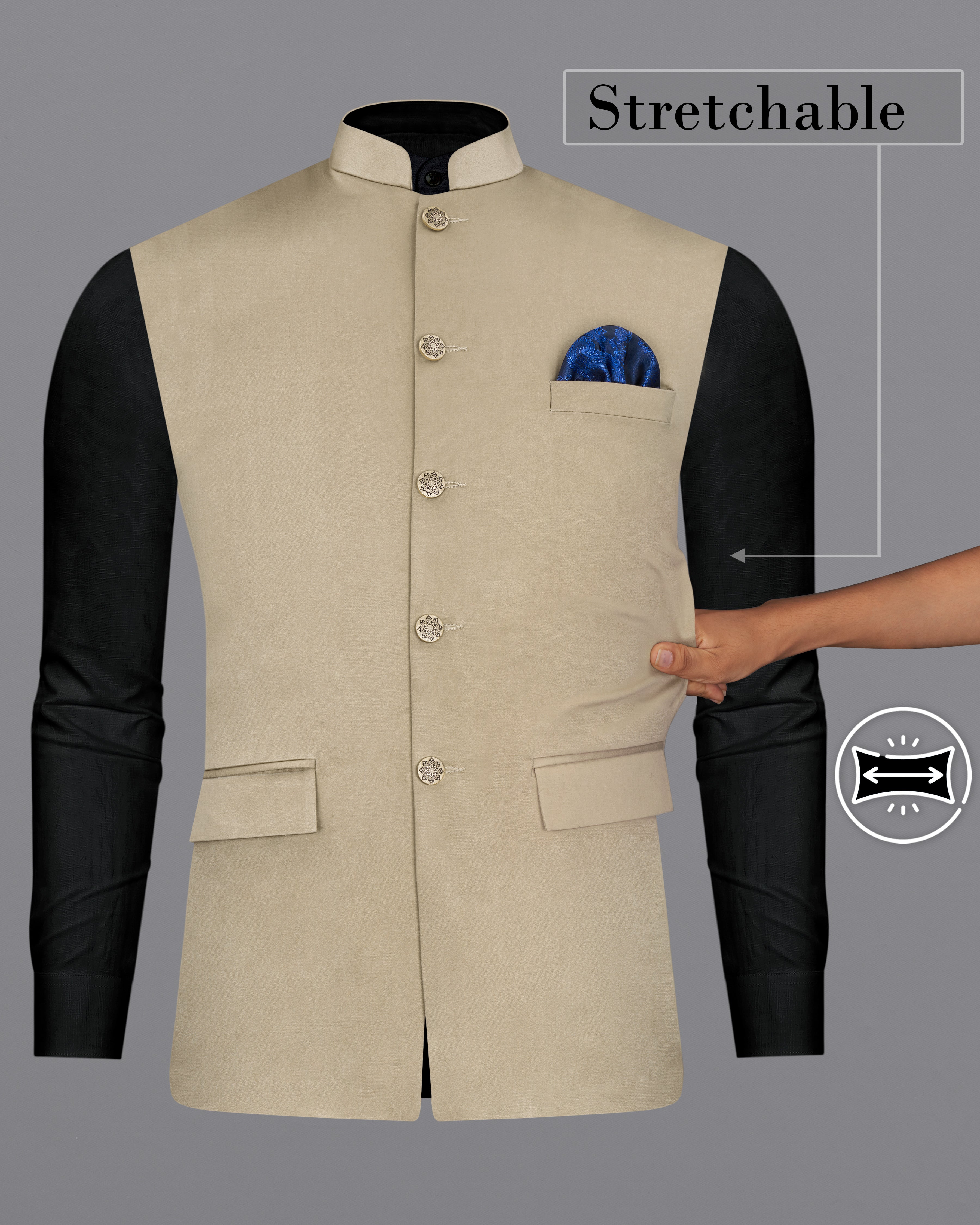 Quicksand Brown Premium Cotton Stretchable Nehru Jacket WC2654-36, WC2654-38, WC2654-40, WC2654-42, WC2654-44, WC2654-46, WC2654-48, WC2654-50, WC2654-52, WC2654-54, WC2654-56, WC2654-58, WC2654-60